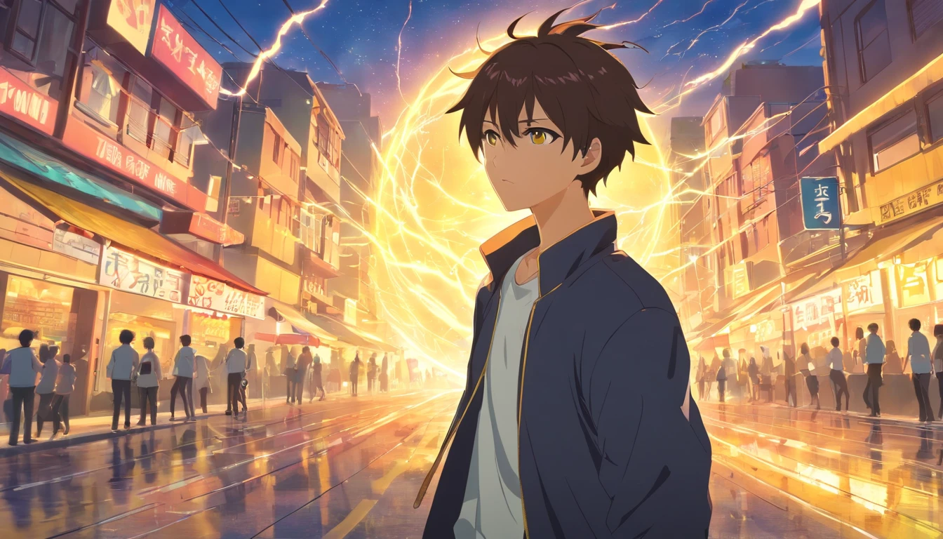 masterpiece、twinks、Uncle、Giving bangs、Forehead visible、30-years old、A black-haired、Black jacket、Black pants、white t-shirts、Give bangs、Sticking out your forehead、twinks、Eyes drawn in detail、a handsome、Inside the city、starrysky、Mystical light、Dramatic light、Cinematic power、yellow eyes, yellow lightning