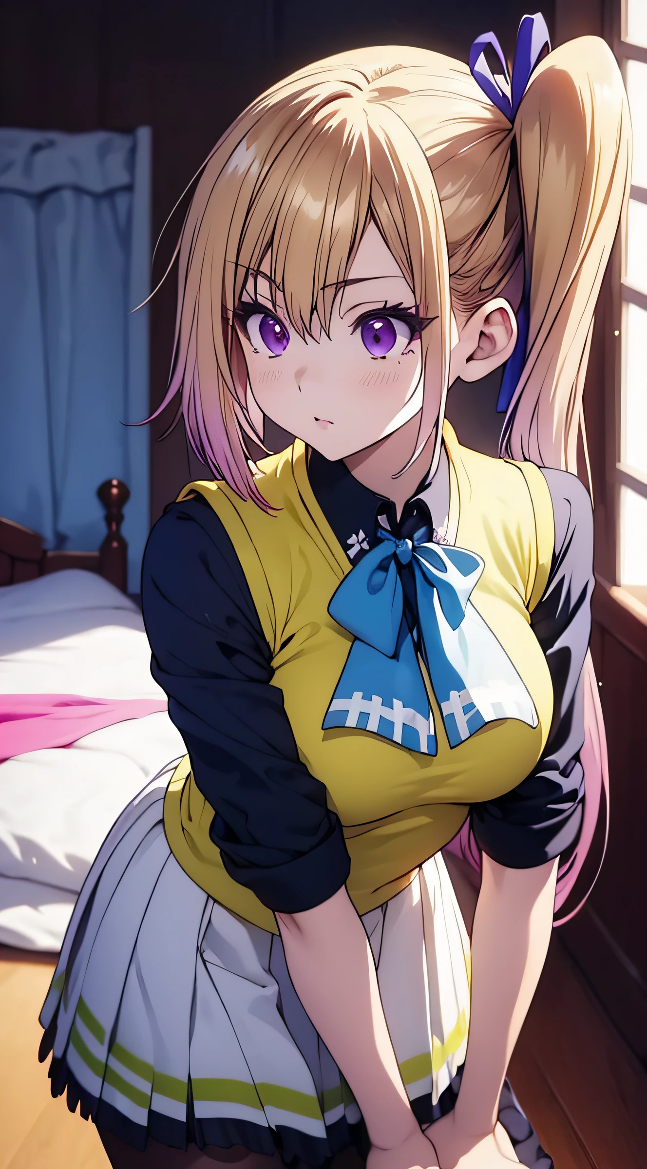 (masterpiece), 8k ultra hd , high quality, best quality, expressive eyes & face, cute sulking, perfect face, perfect body, perfect body beautiful, 8k ultra hd , high quality, hair clip, shining hair, wearing tights , pink skirt , navy blue shirt, tug in shirt, perfect eye & eyebrow, kawakami_mai, long hair, large breasts, blonde hair, purple eyes, hair ribbon, ribbon, single side ponytail, mole under eye, school uniform, sweater vest, anime style , blushing, full body