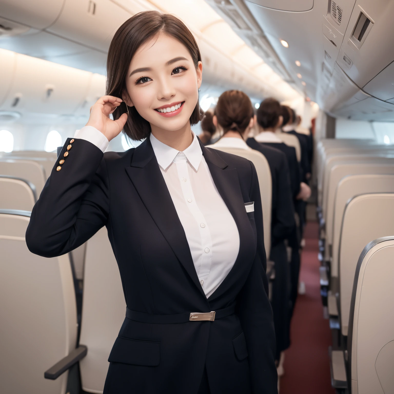 ((top-quality、masutepiece、8K、Top image quality、Hyper-Realism))、（（1 female stewardess、walk gracefully down the aisle、cowboy  shot、Take a photo of her from the waist up))、((The background is the first class aisle of an airplane...))、((The perfect stewardess uniform))、(Exposing the forehead、Chignon)、large full breasts、The Biggest Smile、white big teeth、Perfect makeup、long eyelashes、View me、smile your best smile、perfect anatomia、Bright lighting