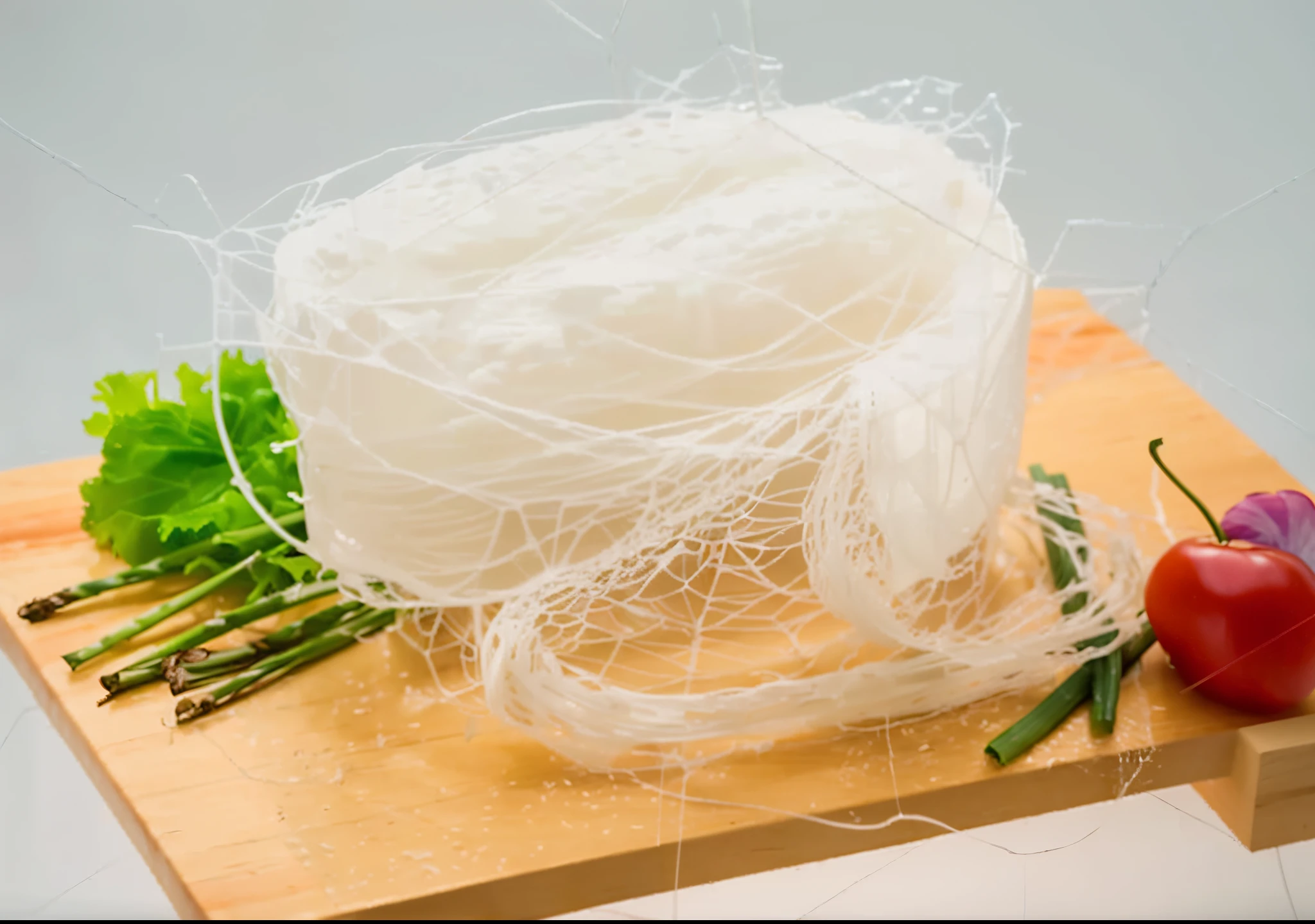 Close-up of cutting board,Topped with a bunch of noodles and vegetables, white transparent veil, netting, Artificial spider webs, noodle, rice paper texture, 4 0 9 6, fine fiberglass, high quality product image”, Brushed, Open the synthetic stomach, Fiber optic hair, plastic wrap, white sarong, ldpe, Jellyfish gelatin
