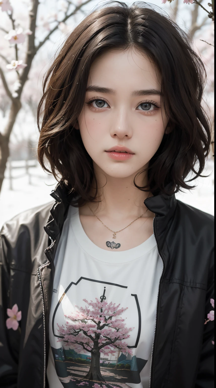 masterpiece, best quality, realistic, highly detailed, 1girl, solo, (body shot), different eyes color, short hair, black hair, glasses, large breast, ((black jacket with T-shirt)), stand on bridge, Lips pierced, ((tatto on neck)), beautiful girl, A tomboy face, intimate expression, Cherry blossom tree background, detail eyes, detail hair, perfect lighting