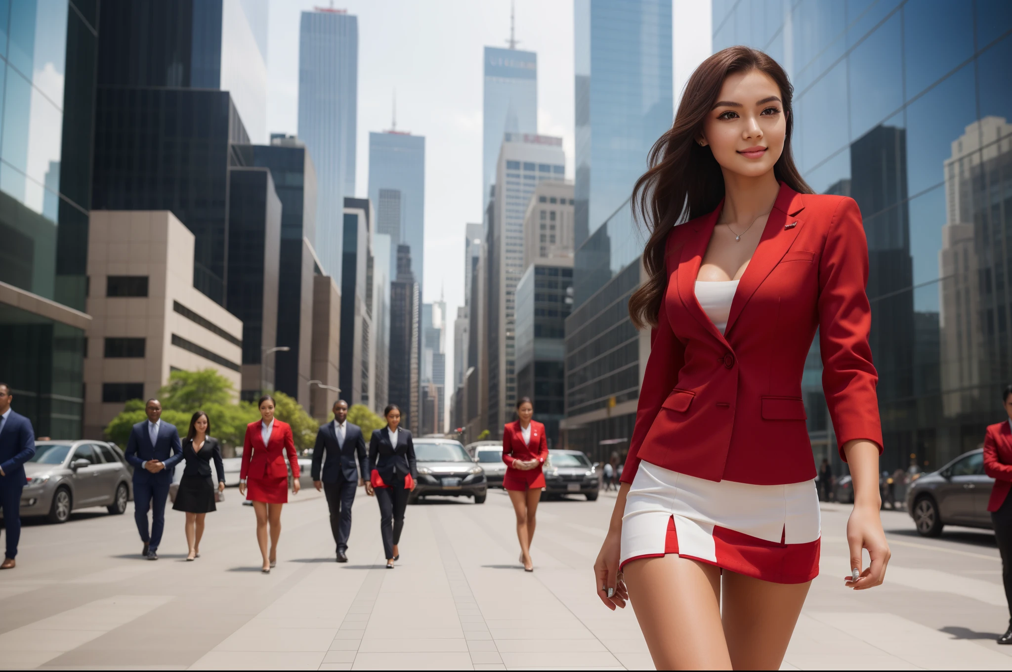 A girl in a business outfit walking alone confidently in a busy city street, surrounded by tall glass buildings and bustling with people. she is (18years old),[her face is combination of (((irene1:1.2))) and (((Excella_er5:1.2)))],(sharp focus:1.5),beautiful detailed eyes,beautiful detailed lips,extremely detailed eyes and face,long eyelashes,gorgeous girl,feminine charm,pearl skin,(skin pores:1.1),extremely detailed face and skin texture,(skin texture:1.1),dark-black hair,soft and smooth hair,tall and slender body,(192cm tall),thin and delicate figure,graceful posture,strong and defined muscles,flawless skin,defined abs,perfect curves,feminine appearance,beautiful long legs,embodying elegance and beauty,happy expression,full-smile,seductive eyes and sensual lips,large breasts,cleavage breasts,((wearing a (red) business-suit:1.4)),((ultra-short (red) miniskirt:1.4)), exuding professionalism and determination. She walks with poise and a purposeful stride. The scene is enhanced with studio lighting, bringing out the vibrant colors of the city. The image quality is of the best quality, with ultra-detailed features and a realistic, photorealistic touch. The overall color tone is modern and sleek, with a slight cool undertone to reflect the urban environment. The lighting showcases the sharp focus on the girl, casting shadows that add depth and dimension to the scene.

Additional details can include the girl carrying a stylish briefcase. The background can include other business individuals in suits, busy traffic, and skyscrapers stretching towards the sky. The art style can be a blend of concept art and photography, combining the corporate world with creativity.