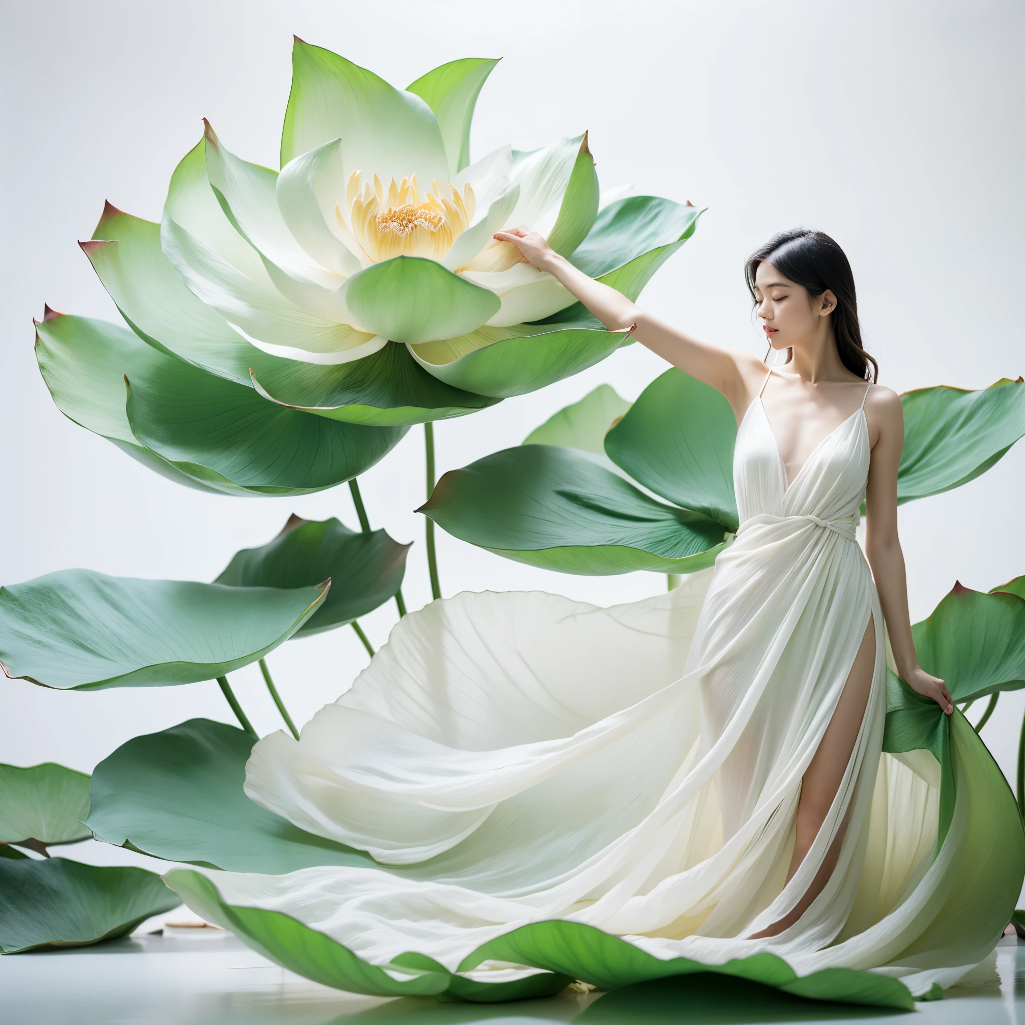 Light pink and light white tone,full body, white background, nature lighting, lighting effect, minimalist, elegant, pure gentle, soft light, photorealistic. a women (collarbone, shoulders,nipples) posing (praying and standing) with The hyper-giant lotus with huge and long petals (petal made of a thin and soft tulle fabric, flowy petals fully background, floating petals, hyper-flying petals, smoke effect mix with petal), lotus dress,((seethrough)).