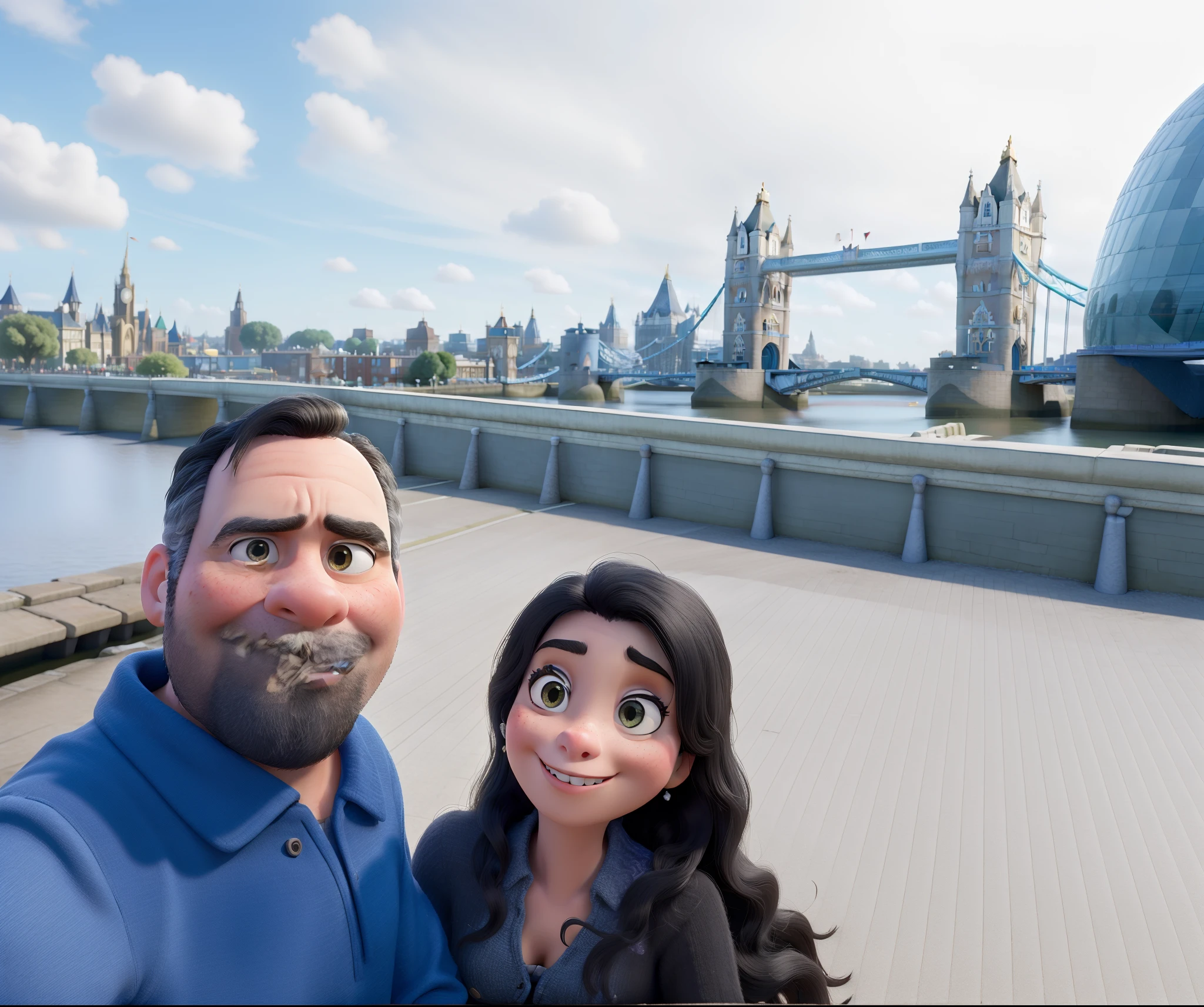 Obra-prima ao estilo Disney/Pixar in high quality and high resolution. London Bridge in the background and the woman hair is black