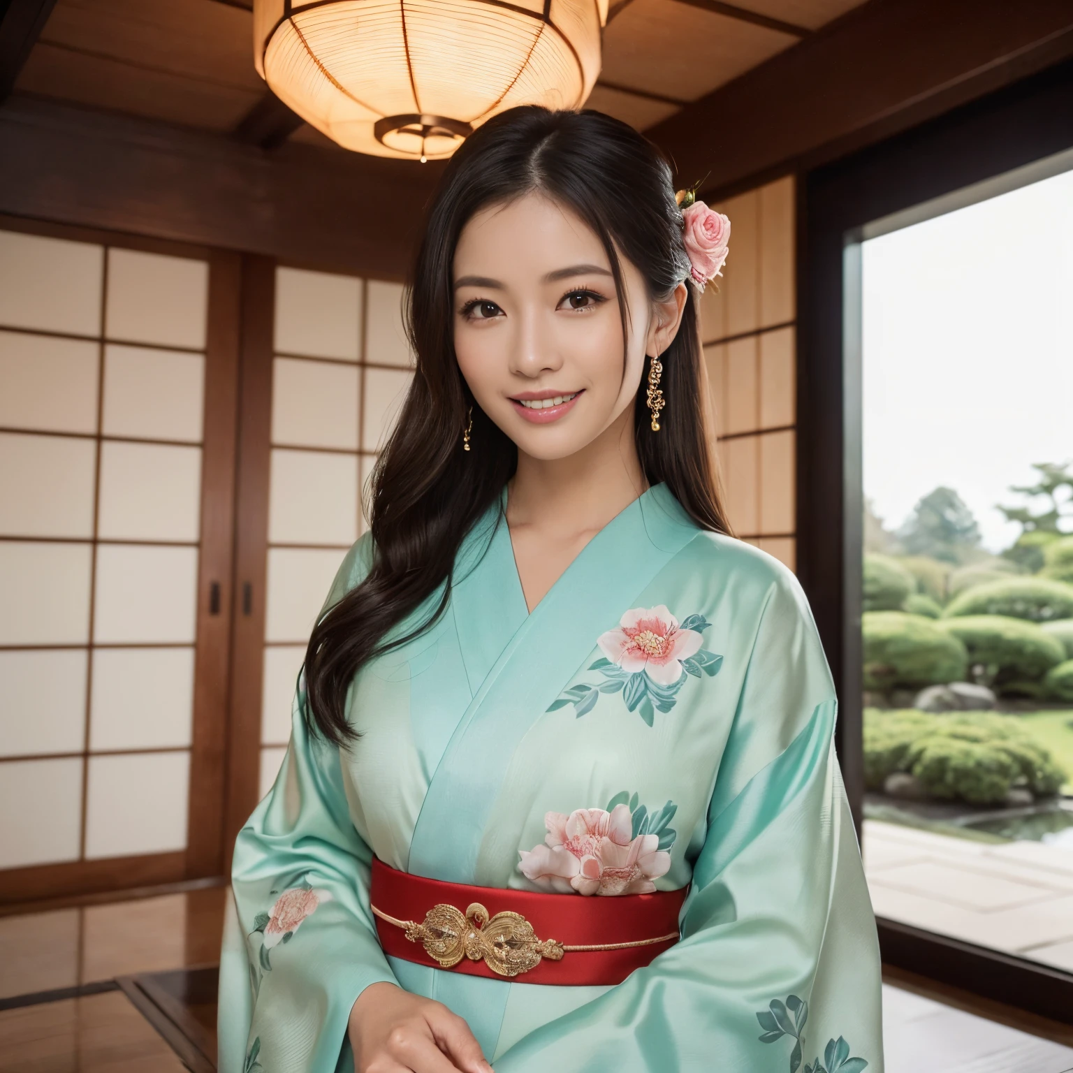 ((top-quality、masutepiece、8K、Top image quality、super-fine))、1 beauty、A beautiful woman stands gracefully、Photo from the waist of a woman、very elegant appearance、very luxurious kimono、classy chignon、Perfect makeup、Gorgeous hairpin on your head、The background is a luxurious Japanese-style room、elegant warm lighting、((very intricate wood decoration、Shoin shoji with intricate wood carvings、Lighting is recessed into the ceiling、Japanese style expensive vase and flowers、You can see the beautiful Japanese garden from the large windows...、Japanese garden seen from large windows、View of the Japanese garden from the window of the Japanese-style room、View the garden from the large windows、The entire wall is a window、Beautiful garden with gravel、A very luxurious Japanese room、The most luxurious and elegant Japanese room、The most luxurious Japanese room in the world))、beautiful smiling face、Smile、Smile at me、perfect anatomia、A detailed face、Perfect fingers