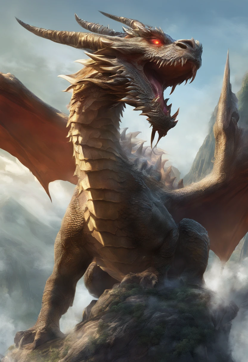 A close up of a dragon with a red eye on a mountain - SeaArt AI