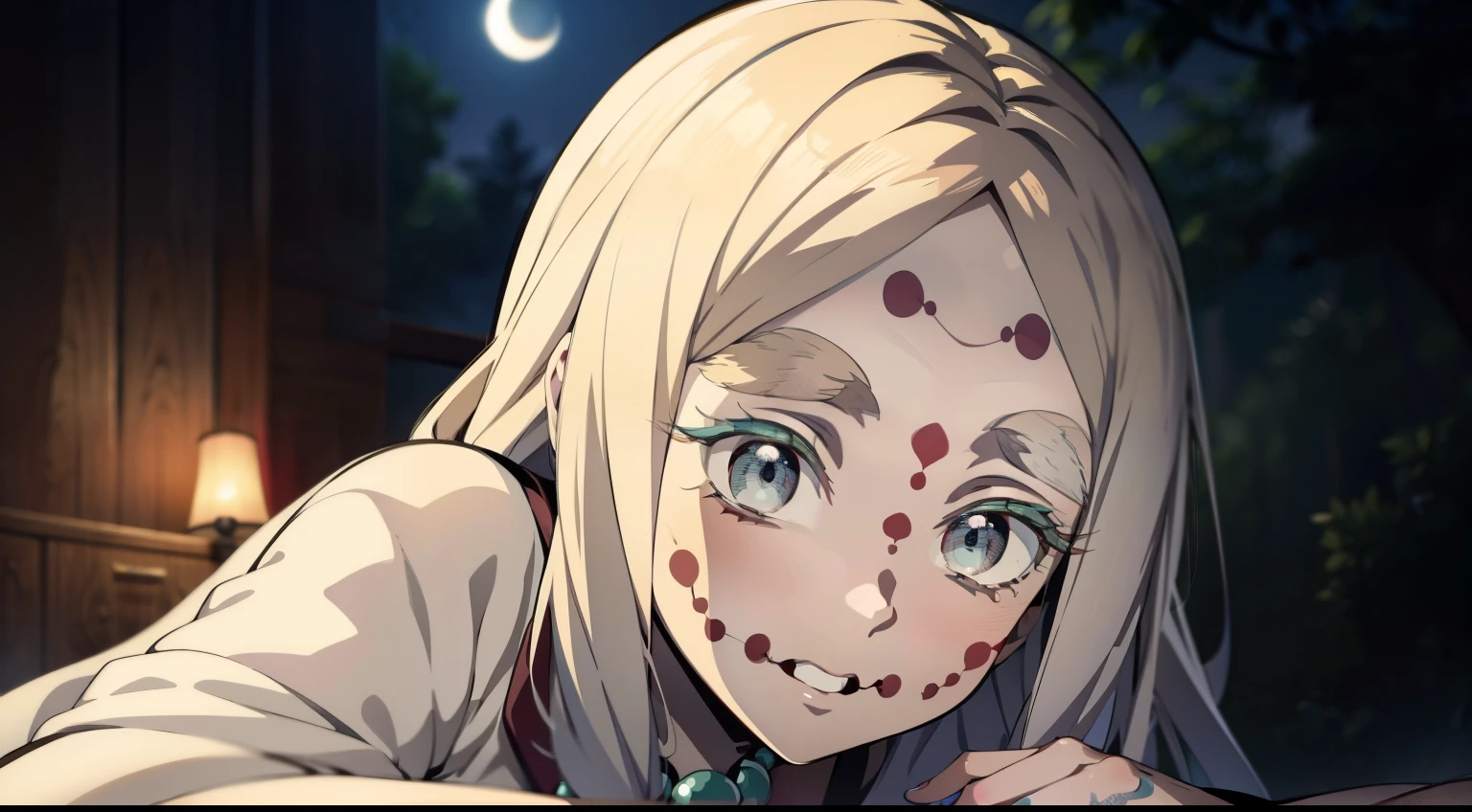 One Demon Girl, is looking at the camera, Beautiful waist, Hands Behind Your Back, Keeps his hands behind his back, leans forward, beautiful body is completely visible, Masterpiece, Best Quality, in full height (Body Full 1.1.), Beautiful waist, nice feet, hiquality, Highly detailed face, Depth of field, HDR, Very detailed, Ray Tracing, full - body, Dark Fantasy, Demon Tattoo, Ultra Beautiful, lovely small breasts. white colored hair,Transition to red, pale skin, woods, Night Forest, moon light, Beautiful figure, taut clothes, black cape on pink kimano, Lovely Medium Breasts, Smiling, gray eyes, handsome body, sexy clothes, Beautiful eyes, very detailed eyes, Very detailed face, handsome body, Cherecter Desing, Very detailed, Detailed body, Detailed hands, Detailed, Vibrants, Detailed Face, sharp-focus, WLOP, artgerm, anime art, Vibrants, Detailed Face, Hugh Details, sharp-focus, Very drooping face, A detailed eye, super fine illustration, better shadow, finely detail, Beautiful detail