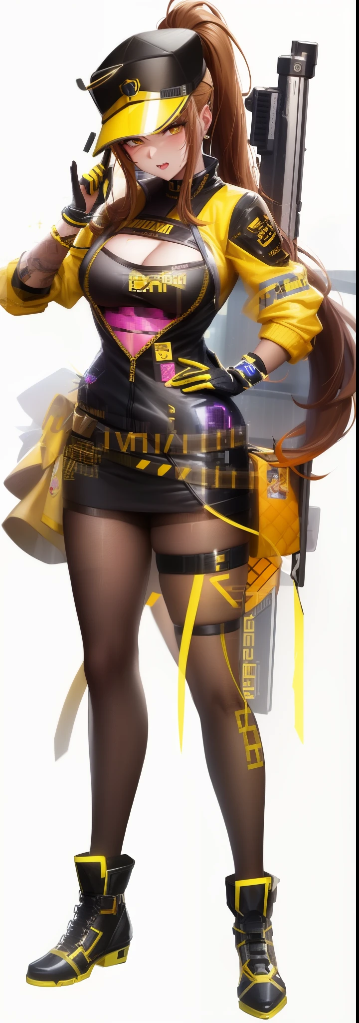 a woman in a yellow and black outfit holding a gun, kda, brigitte from overwatch, senna from league of legends, katana zero video game character, lovely brigitte from overwatch, brigitte, sigma female, as an overwatch character, valorant character, female lucio, cushart kenz, vi from arcane, overwatch skin, from overwatch, cyberpunk bee