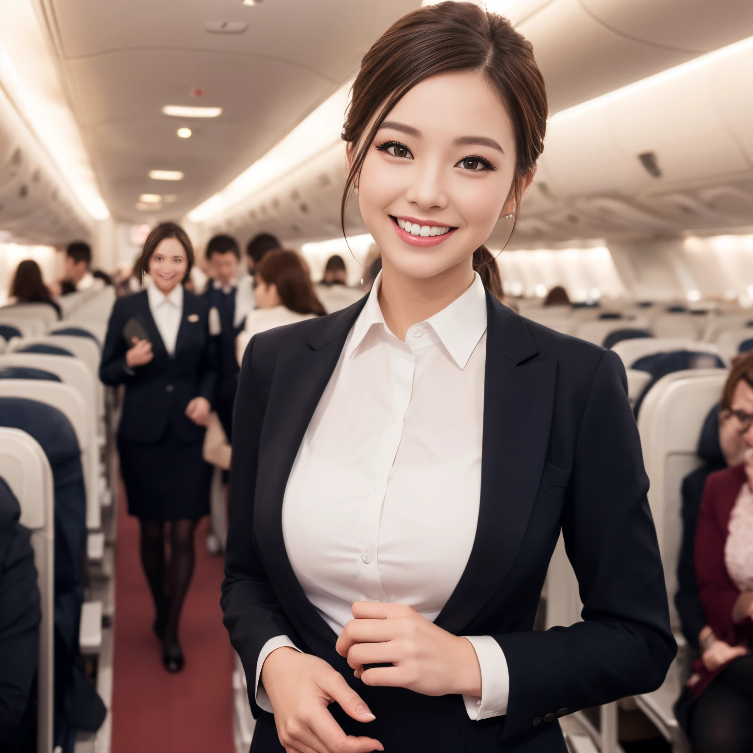 ((top-quality、masutepiece、8K、Top image quality、Hyper-Realism))、（（1 female stewardess、walk gracefully down the aisle、cowboy  shot、Take a photo of her from the waist up))、((The background is the first class aisle of an airplane....))、((perfect stewardess uniform))、(Exposing the forehead、Chignon)、large full breasts、The Biggest Smile、white big teeth、Perfect makeup、long eyelashes、View me、smile your best smile、perfect anatomia、Bright lighting