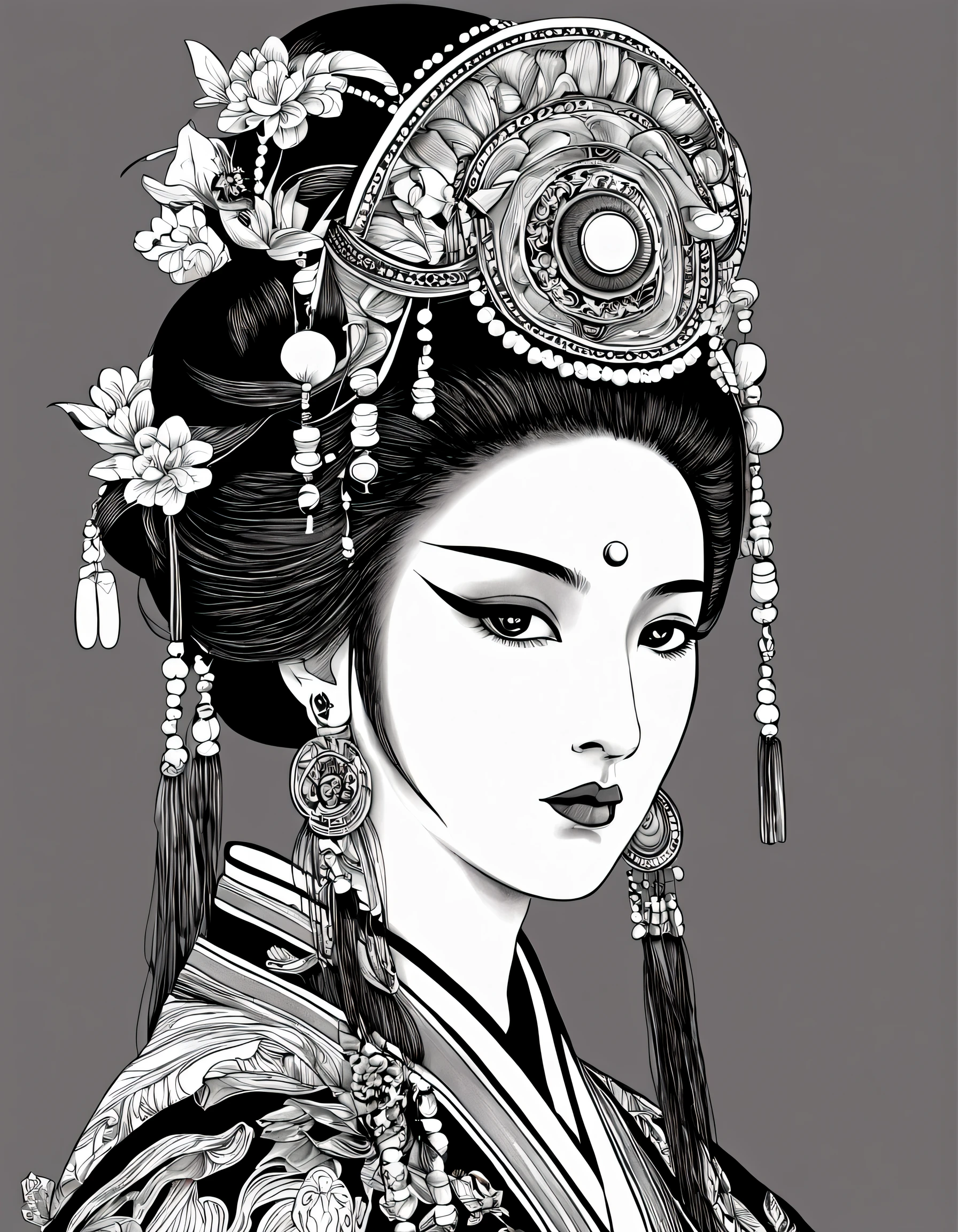 (Portrait of the beautiful heroine of Chinese Kunqu Opera）, Its beautiful black and white line art ,tmasterpiece,Fountain Pen Art,Black and white painting,chinese paintings,character drawing, pencil and ink manga, black and white coloring,Gel Pen,
abstracted, contours, zoom layer, hyper HD, tmasterpiece, high detal, high high quality, super detailing, Award-Awarded, A high resolution, 16k