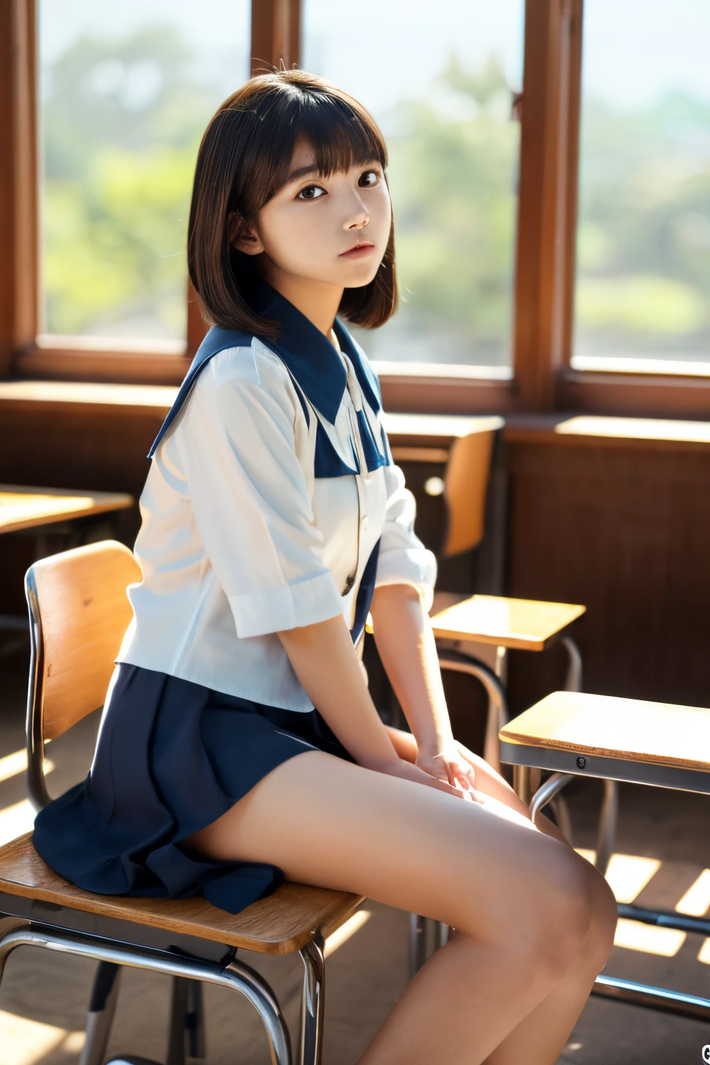 classroom((Nami from One Piece in the anime:20)),naked,classroomの机の上に座る,(She spreads her legs and shows off her crotch),正面からnaked,I can see your crotch,Orange Hair,Raised eyebrows,Checkered Skirt,naked,Showing genitals,Deep eye pits