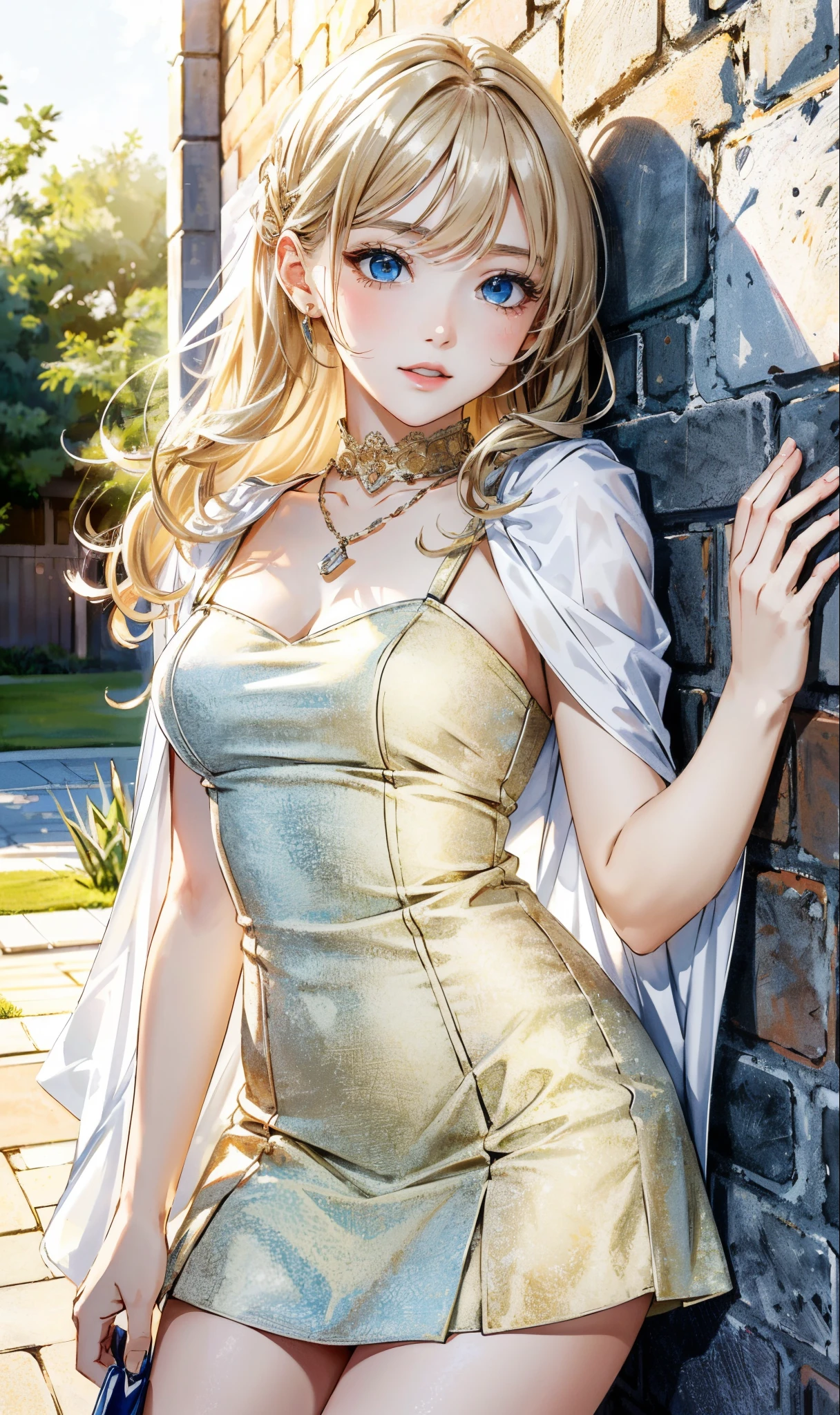 (masterpiece),(top-quality:1.2),1girl in,(masuter piece:1.3),exquisitedetails, Highest quality 8K resolution, Ultra-detailed, Realistic, Vibrant colors, Soft tones, With warm and gentle lighting,(Smooth straight blonde hair:1.2),(Hair parted in the middle:1.3),(Glowing hair),(Dark blue eyes:1.3),White skin, hair clips,Small necklace,A gentle feeling overflows,The sun's rays illuminate joy and pure love, Warm golden glow,The atmosphere is full of happiness and laughter, As if celebrating love,Ultra-detailed depiction and vivid colors,A style that combines romanticism and realism,depth of love,color palettes,Create an ethereal atmosphere like a dream,Lighting is soft and diffused,masterpiece artwork, Woman standing against a wall wearing a beige dress and black boots, Beige, eora, ivory, soft silk dress, with cape, beige colors, ( ivory black ), asa, pastel, sandy beige, Olivia, Simple dress, elegent, taupe, multilayered outfit