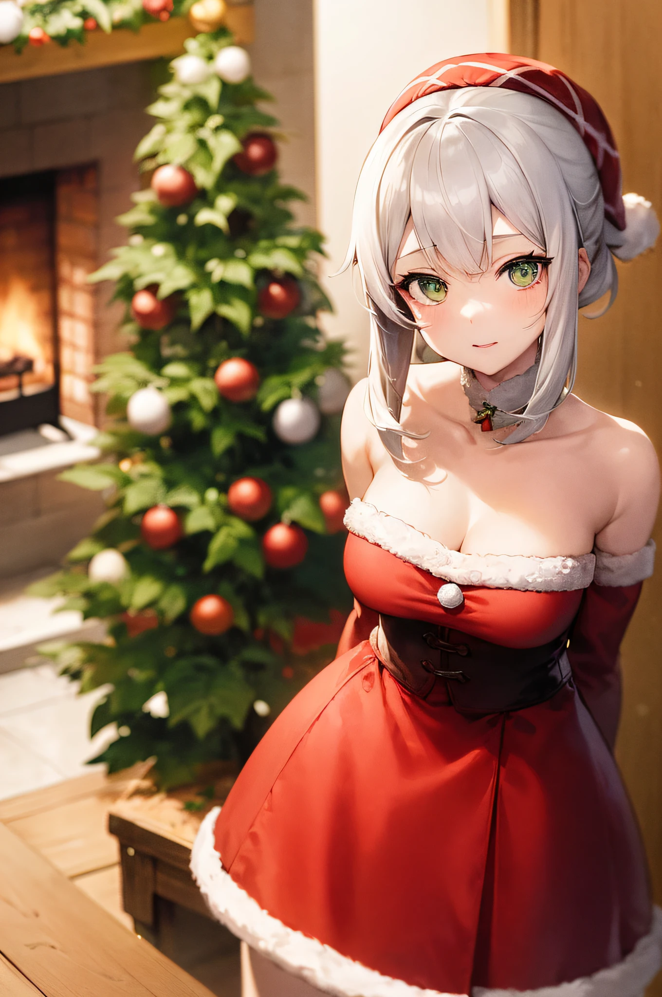 1girl, noelle from genshin impact, standing up, short silver hair, green eyes, christmas hat, wearing christmas dress, holding christmas present, christmas tree, fireplace, inside house, living room, absurdres, high res, ultrasharp, 8K, masterpiece, looking at viewer