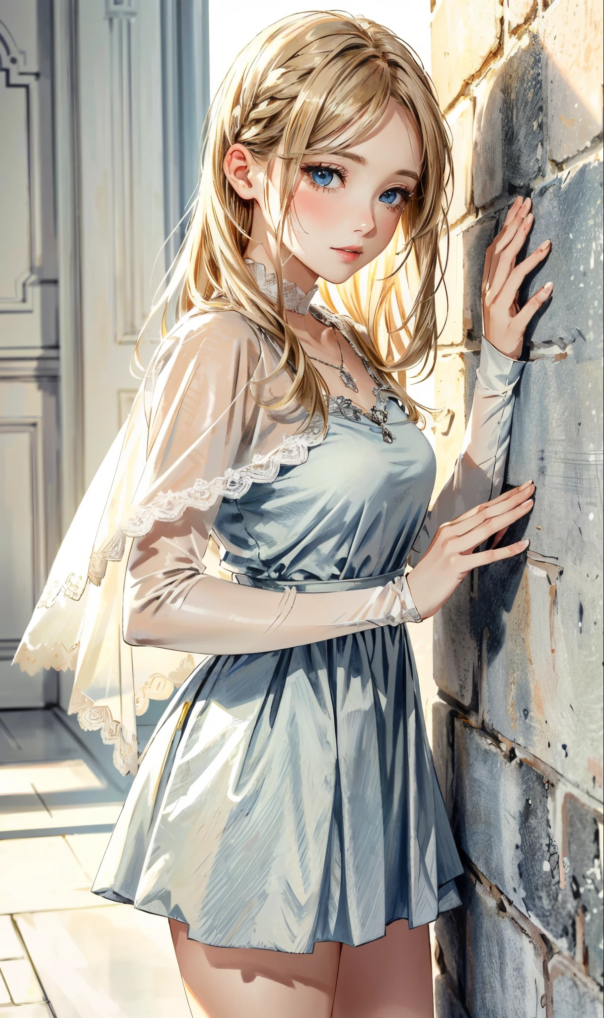 (​masterpiece),(top-quality:1.2),1girl in,(masuter piece:1.3),exquisitedetails, Highest quality 8K resolution, Ultra-detailed, Realistic, Vibrant colors, Soft tones, With warm and gentle lighting,(Smooth straight blonde hair:1.2),(Hair parted in the middle:1.3),(Glowing hair),(Dark blue eyes:1.3),White skin, hair clips,Small necklace,A gentle feeling overflows,The sun's rays illuminate joy and pure love, Warm golden glow,The atmosphere is full of happiness and laughter, As if celebrating love,Ultra-detailed depiction and vivid colors,A style that combines romanticism and realism,depth of love,color palettes,Create an ethereal atmosphere like a dream,Lighting is soft and diffused,masterpiece artwork,  Woman standing against a wall wearing a beige dress and black boots, Beige, eora, ivory, soft silk dress, with cape, beige colors, ( ivory black ), asa, pastel, sandy beige, Olivia, Simple dress, elegent, taupe, multilayered outfit