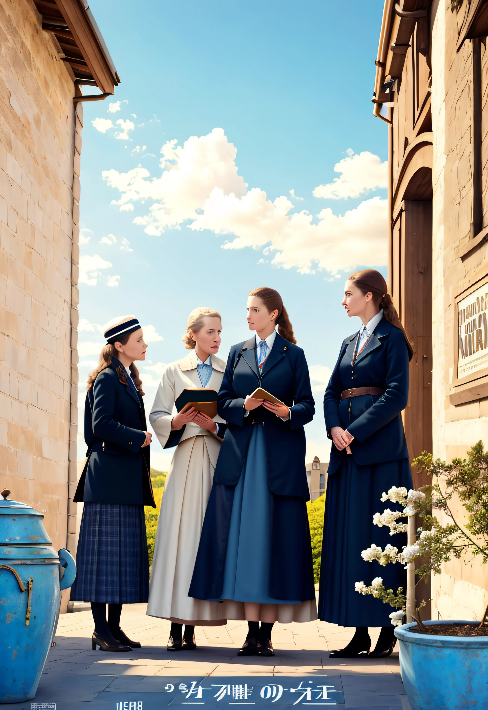 Three women in skirts standing outside cafe，holding books，read，book cover with portrait，Tall women，modern attire，caucasian female，an old woman in a wheelchair，blue-sky, flim, key art, official posters, cinematic”, Movie Promotional Image, promotional movie poster, 16384k film, poster shot,