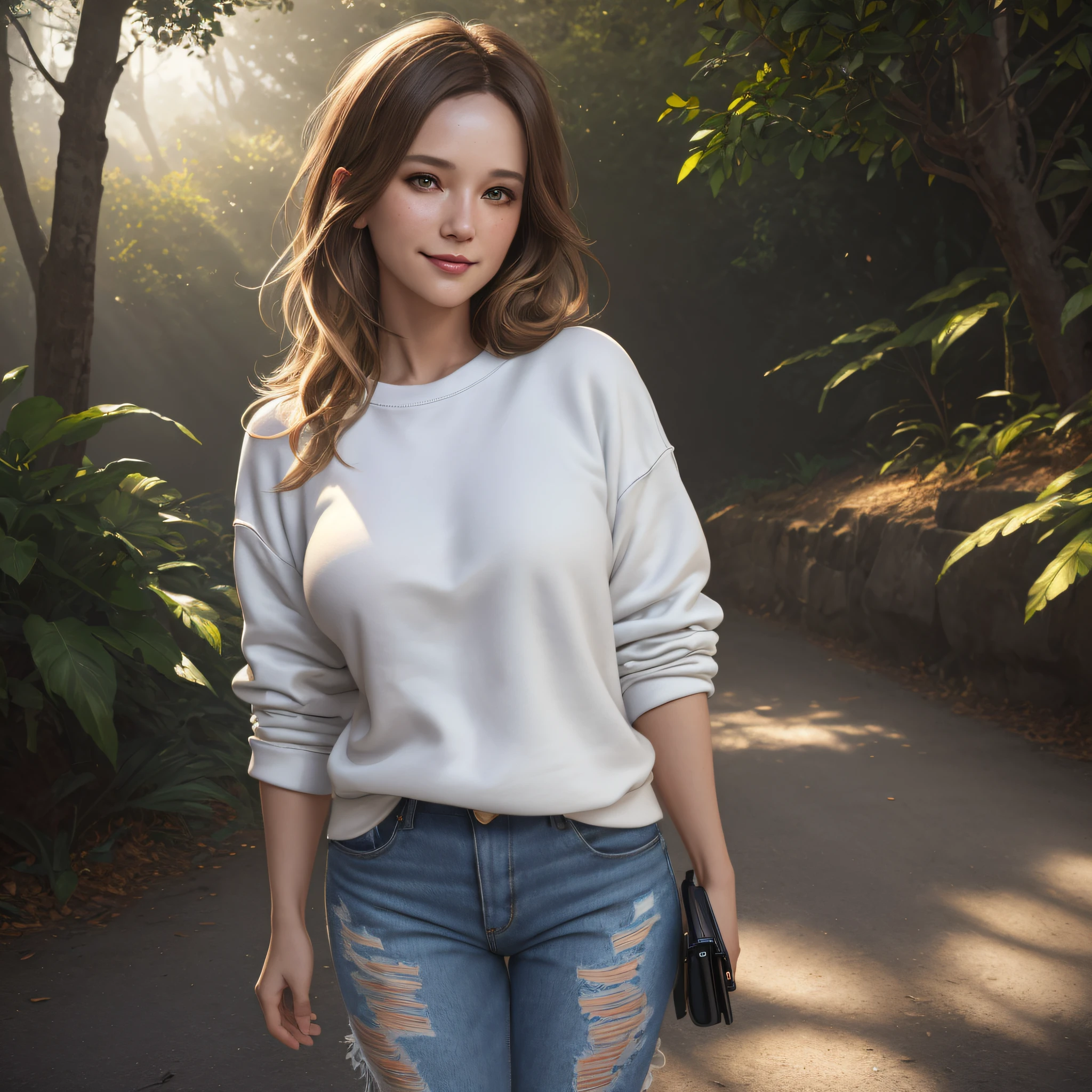 3/4 body portrait of a beautiful smiling 35 year old girl in (oversized blank white sweatshirt, and ripped jeans ) , brown hair, a gorgeous blonde, ((medium breasts)), small South Carolina street as a background, ((front view)), soft shadows, Photorealistic, Afternoon time, 8k, UHD, intricate details, sharp focus, depth of field, volumetric lighting, ultra HD, realistic, vivid colors, highly detailed, UHD drawing, pen and ink, perfect composition, beautiful detailed intricate insanely detailed octane render trending on artstation, 8k artistic photography, photorealistic concept art, soft natural volumetric cinematic perfect light