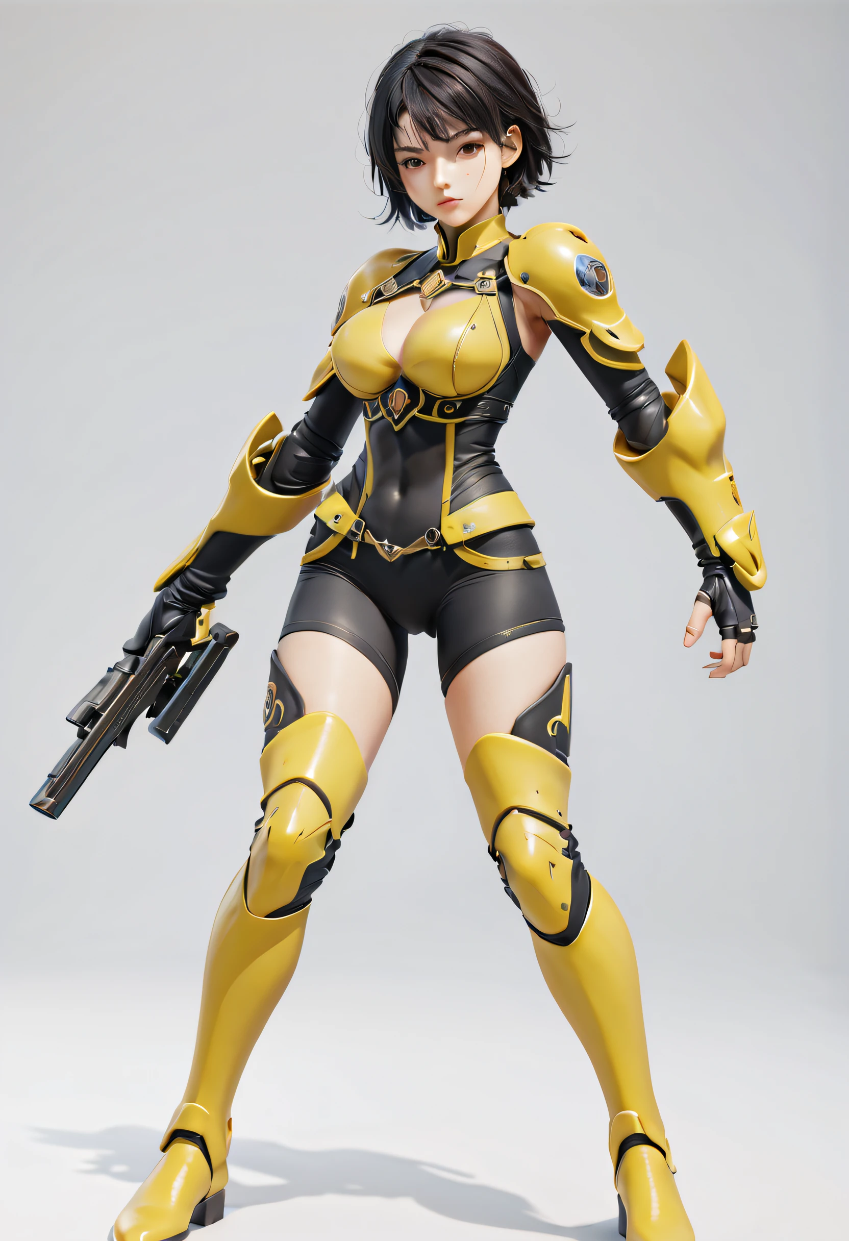 best quality, masterpiece, aesthetic, full-body dynamic pose high quality, 1girl punching, android, (yellow and black) upper armor, mechanical arms, short punk hair, black hair, white background, intense expression, looking at viewer, (simple background:1.4), anime