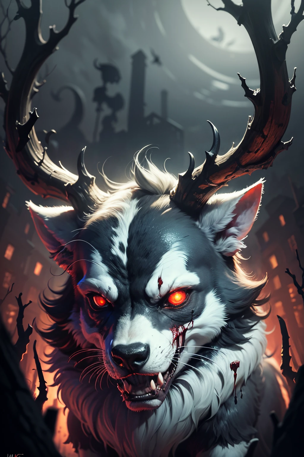reindeer,christmas reindeer,dark and eerie atmosphere,blood-red eyes,creepy antlers,bloody snout,sharp fangs,demonic presence,terrifying expression,menacing posture,ominous shadows,skull-like features,evil grin,frightening silhouette,chilling presence,nightmarish creature,malicious intent,haunting gaze,gore-covered fur,distorted limbs,sinister aura,macabre details,supernatural horror,dreadful darkness,bone-chilling visage,ominous red glow,evokes fear and unease,startling and unsettling,engulfed in darkness (best quality,4k,8k,highres,masterpiece:1.2),ultra-detailed,(realistic,photorealistic,photo-realistic:1.37),eerie lighting,vivid colors,horror art style,dark and sinister tones,ominous and haunting atmosphere,painted with intricate details,straight out of a nightmare,terrifying and captivating,nightmarish landscape,subtle yet powerful,dark beauty --auto --s2
