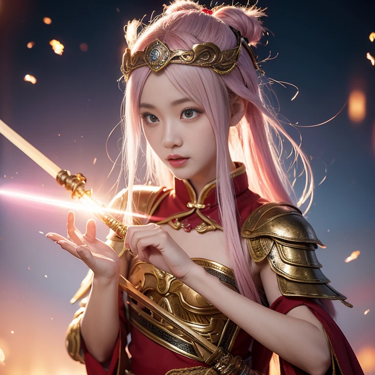 Ancient Chinese wars,Female general,Chinese woman,Fairy statue wearing armor,Headband helmet bleached pink hair,Charming eyes and good figure,Ancient scenes,heroic look,Sword in hand,Sexy and attractive figure is very detailed, the ultra-detailed, iintricate), (lens flare glow:0.7), (full bloom:0.7), particle effect, ray traycing, 电影灯光, shallowdepthoffield, Shot with Sony a9 II, 50mm wide angle lens, Focus sharp,