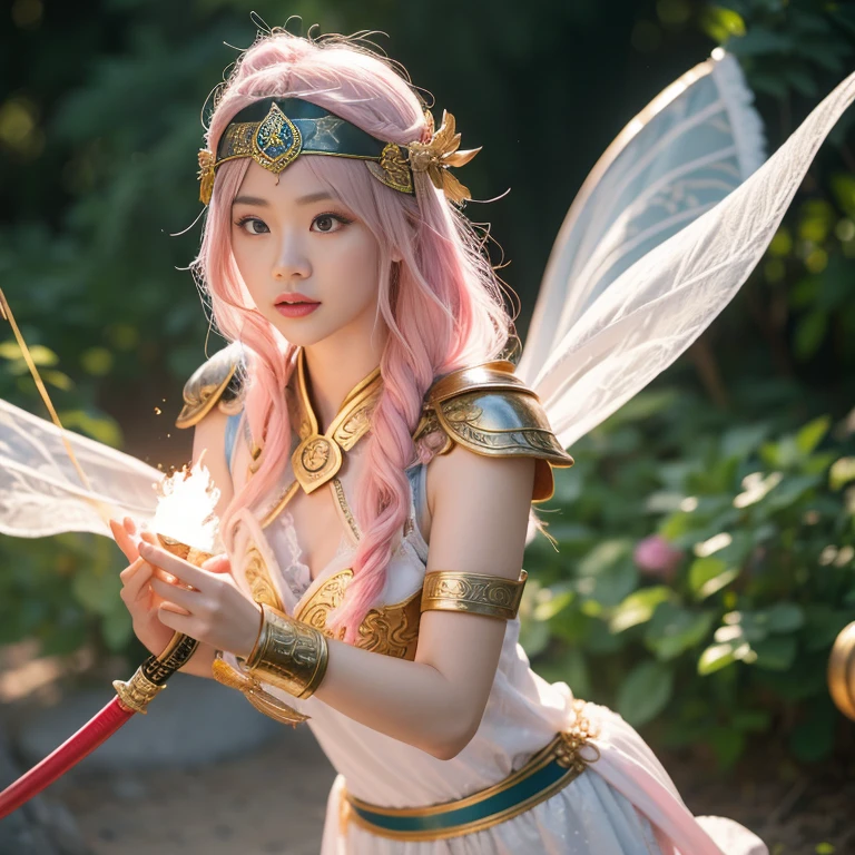 Ancient Chinese wars,Female general,Chinese woman,Fairy statue wearing armor,Headband helmet bleached pink hair,Charming eyes and good figure,Ancient scenes,heroic look,Sword in hand,Sexy and attractive figure is very detailed, the ultra-detailed, iintricate), (lens flare glow:0.7), (full bloom:0.7), particle effect, ray traycing, 电影灯光, shallowdepthoffield, Shot with Sony a9 II, 50mm wide angle lens, Focus sharp,