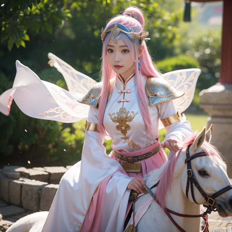 Ancient Chinese wars，Female general，Chinese woman，Fairy statue wearing armor，Headband helmet bleached pink hair，Charming eyes and good figure，Ancient scenes，heroic look，Sword in hand，Sexy and attractive figure is very detailed, the ultra-detailed, iintricate), (lens flare glow:0.7), (full bloom:0.7), particle effect, ray traycing, 电影灯光, shallowdepthoffield, Shot with Sony a9 II, 50mm wide angle lens, Focus sharp,