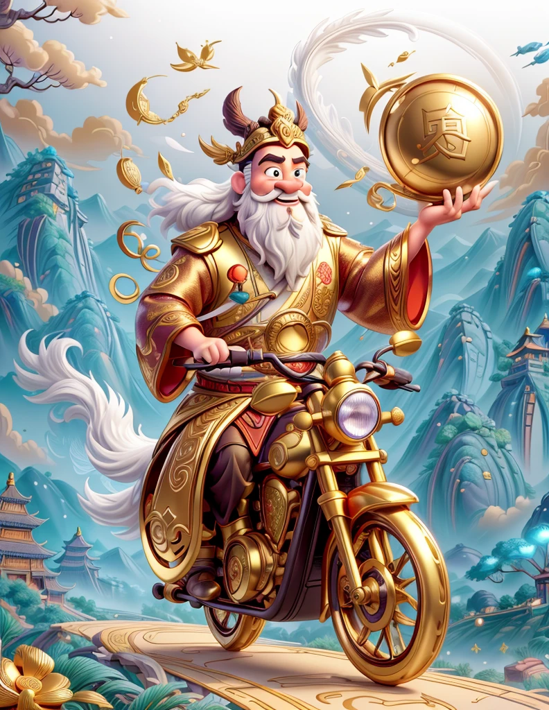 pixar style, (long shot: 1.8), (Chinese - chic Chinese mythological God of Wealth, anatomically correct, oriental elements), (a cute God of Wealth riding an e-bike with a gold ingot in his hand, Treasures Follow), (China - Stylish Illustration: 1.5, Vector Drawing: 1.5), (Chinese Colors, Advanced Color Matching, Gradient Background, White Background: 1.5), (Very Detailed, Well Designed, Clear Lines, High Definition, Best Quality, Masterpiece, Official Art, Cinematic Lighting Effects, 8K)