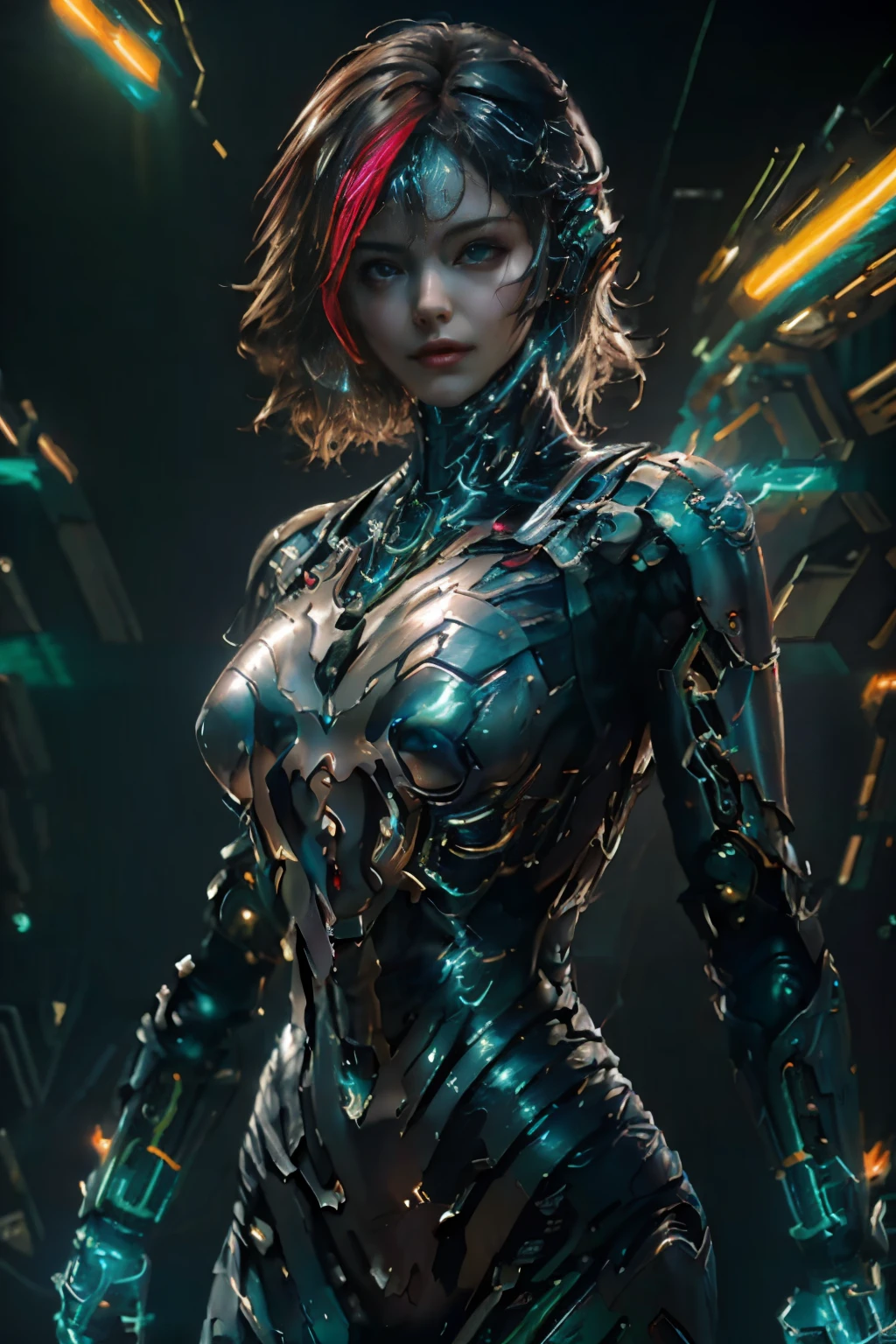 (Photorealistic:1.4) image of a cyber punk girl, (top-quality, 8K, 32K, masterpiece) , (dynamic pose), ((facing camera)), cowboy shot, shapeless hair, colorful hair, colorful cyberpunk combat armor,depth of field f/1.8, cyberpunk city background, cinematic lighting.