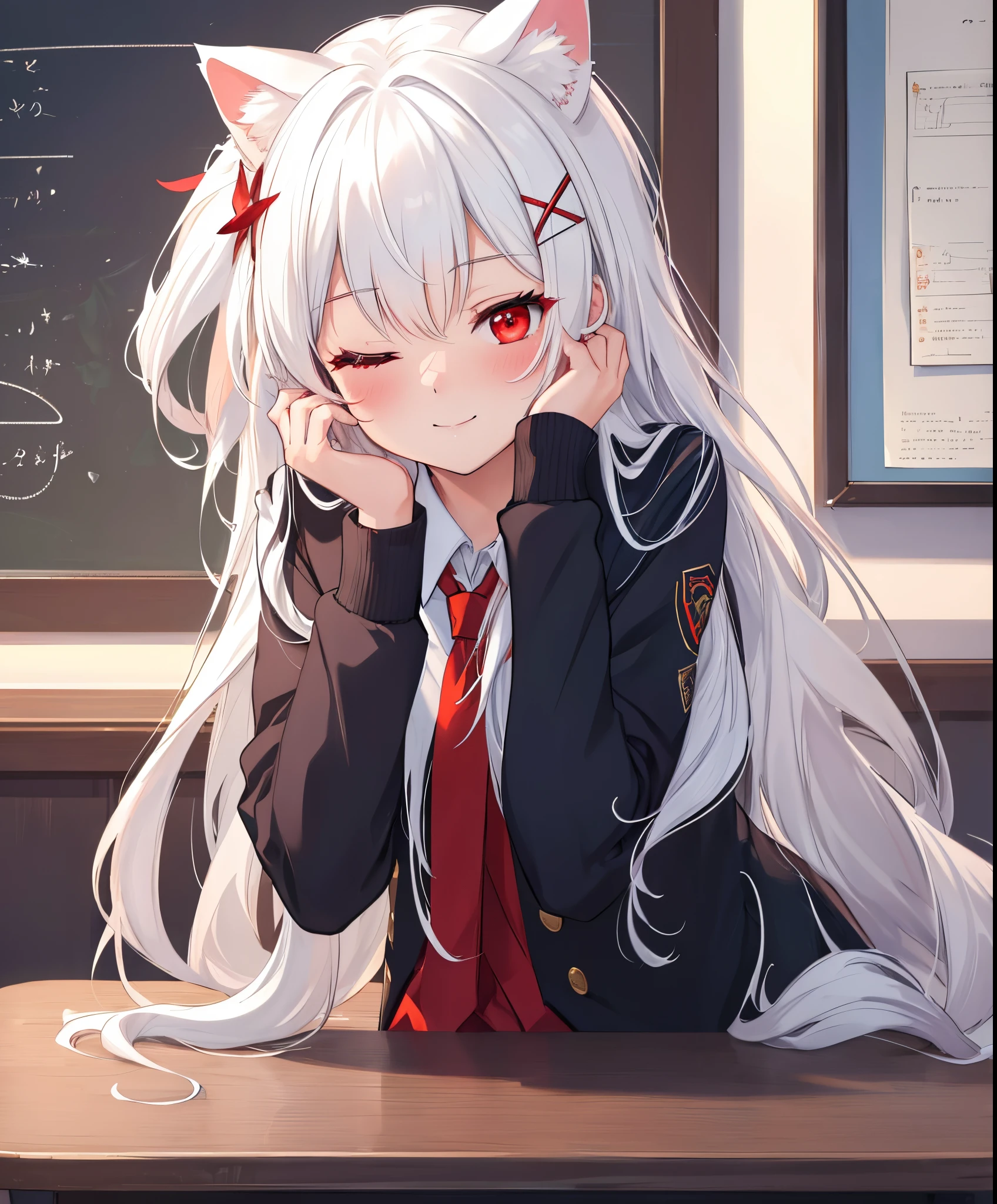 (extremely detailed CG unity 8k wallpaper), (((masterpiece))), (((best quality))), ((ultra-detailed)), (((illustration))), (best shadow), ((an extremely delicate and beautiful)), (detailed light), (well designed face), amazing face, (super detailed), cinematic shot, beautiful detailed eyes, detailed background, 1girl, long hair, ((red eyes)), cat ears, ((white hair)), x hair ornament, first rate breasts, first rate female bodies, school uniform, stocking, one eye closed, smile, (hand on cheek), blush, classroom, white board,