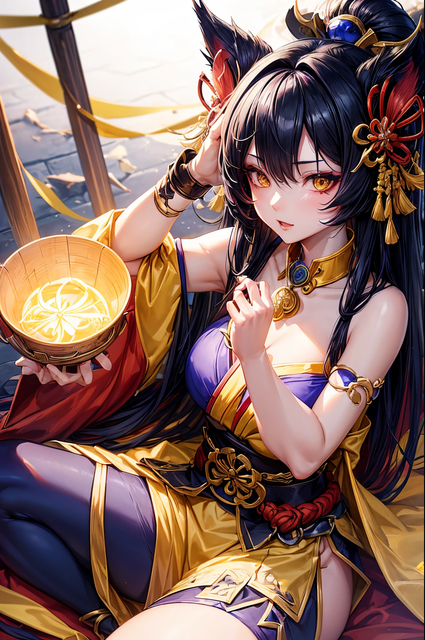 (league of legend female character, hyper league of legend art style), female Onmyoji caster, ((perfect quality Onmyoji outfit, talisman on head, collar, hairpin, japanese style, yellow cloth belt, silk)), ((random hair style, random pupil, random make up, slim body shape)), (heavy ghost aura, ghost wolrd effect), (masterpieces, fantasy world, hyper resolution), spirital background