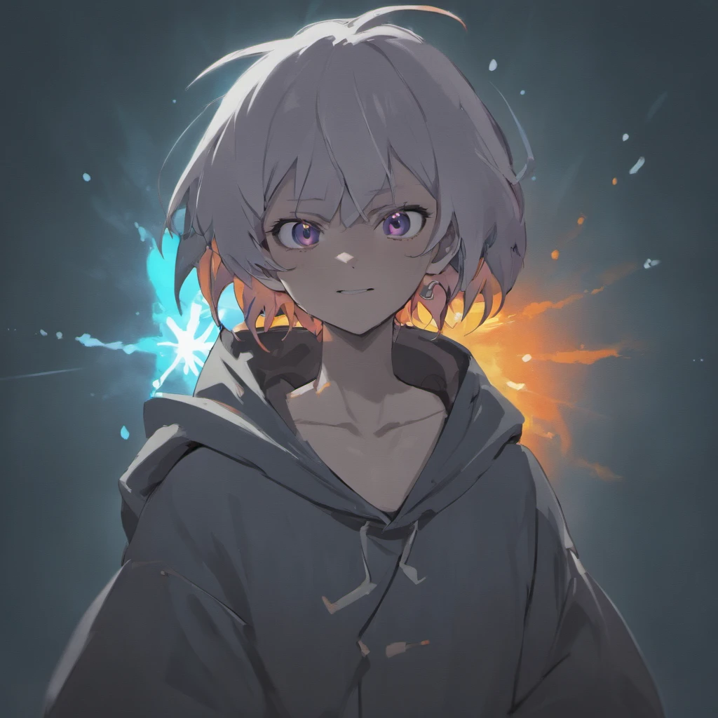 jujetsu kaisen, gojo , black and white, In two projections, Assassin man in white hooded suit, Evil look, Evil smile, Glowing blue background, Simple black line, simplified, close up