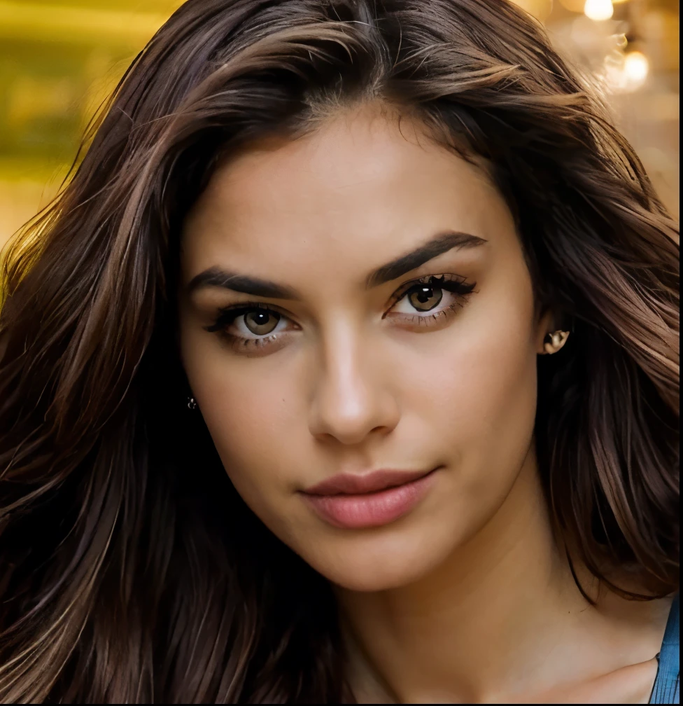 1 femme, Long Wavy Hair, dark brown eyes, restaurant, nourritures, chemise