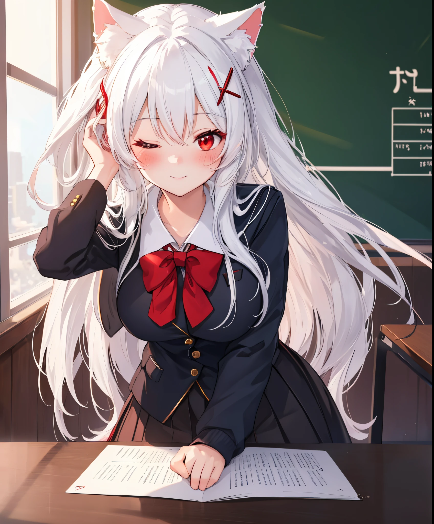 (extremely detailed CG unity 8k wallpaper), (((masterpiece))), (((best quality))), ((ultra-detailed)), (((illustration))), (best shadow), ((an extremely delicate and beautiful)), (detailed light), (well designed face), amazing face, (super detailed), cinematic shot, beautiful detailed eyes, detailed background, 1girl, long hair, ((red eyes)), cat ears, ((white hair)), x hair ornament, first rate breasts, first rate female bodies, school uniform, stocking, one eye closed, smile, (hand on cheek), blush, classroom, white board,