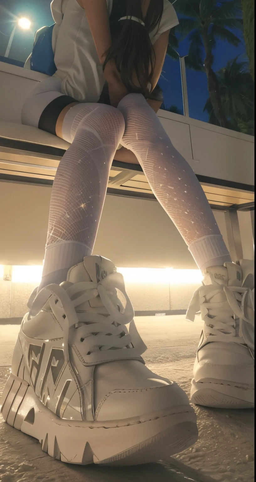 Mulher sentada em um banco com as pernas cruzadas, wearing white tights, white tights, legs visible, white tights covered in stars, close-up nas pernas, sapatos brancos, sneaker photo, tiro detalhado pernas-up, hind legs and human sneakers, detailed legs looming over you, Meias brancas, No estilo de Petra Collins, low view