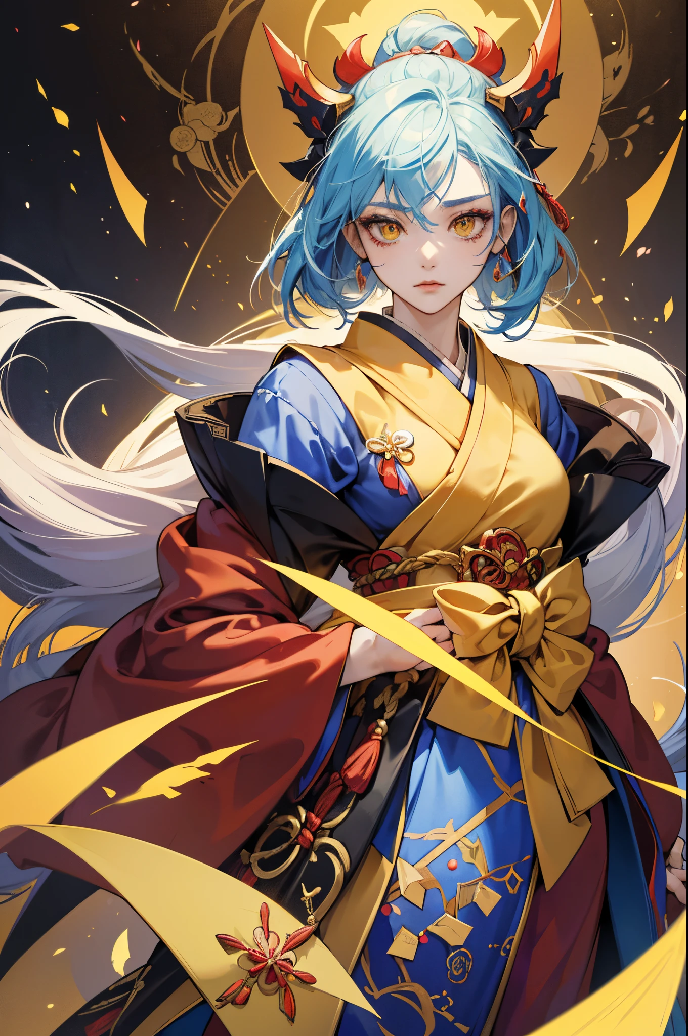 (league of legend female character, hyper league of legend art style), female Onmyoji caster, ((perfect quality Onmyoji outfit, talisman on head, collar, hairpin, japanese style, yellow cloth belt, silk)), ((random hair style, random pupil, random make up, slim body shape)), (heavy ghost aura, ghost wolrd effect), (masterpieces, fantasy world, hyper resolution), spirital background