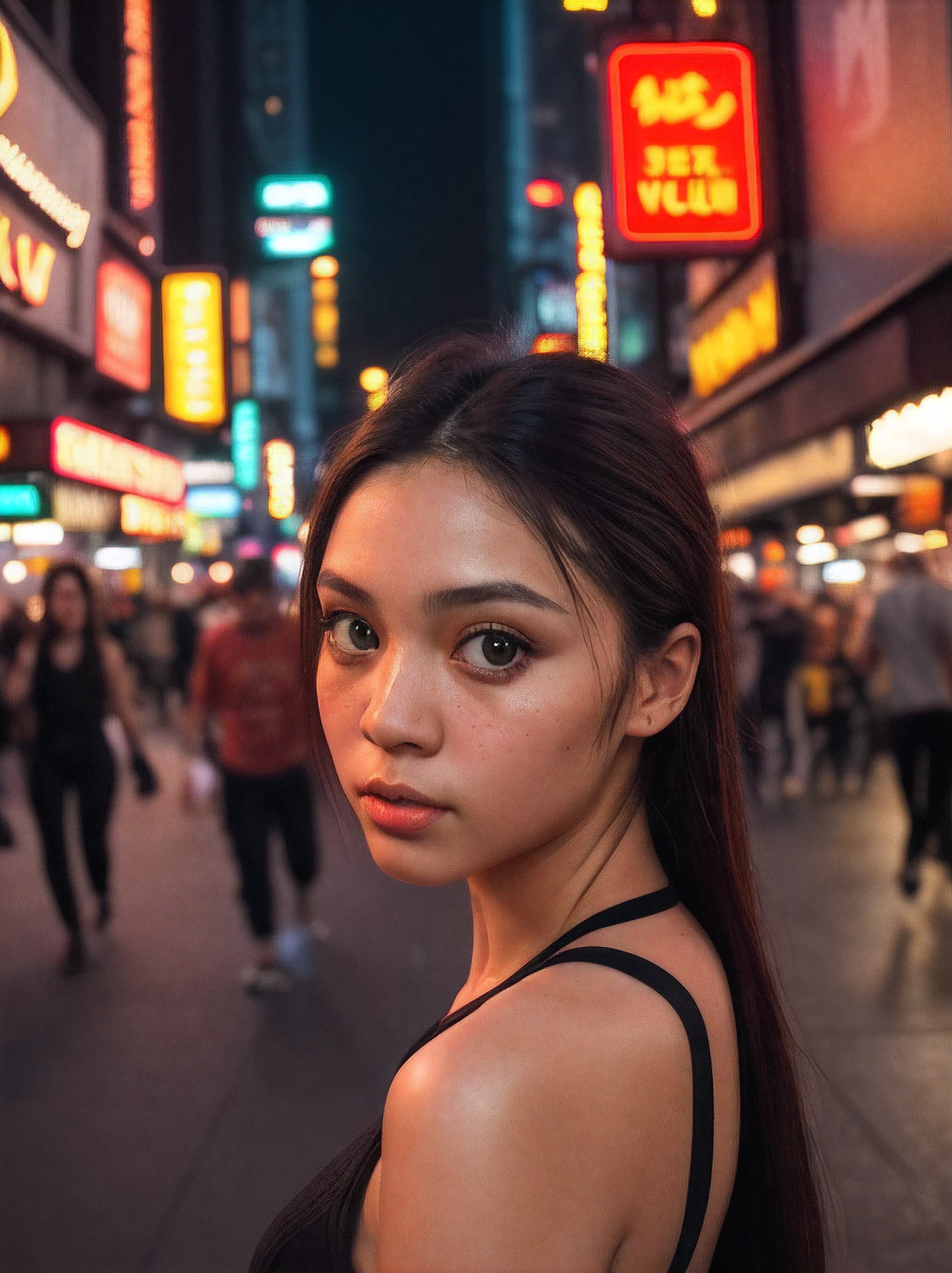 girl in a noisy metropolis, making your way through crowded streets and dark alleys, close up, detailed clothes, Green eyes, floting hair, determined expression, shiny glossy skin, sub-surface Scattering, (Sharp:0.7), [(colorful explosion psychedelic paint colors:1.21)::0.05], amazing fine detail, Nikon D850 film photography stock camera Kodak Portra 400 f1.6 lens, saturated colors, lifelike texture, dramatic  lighting, urban environment, Skyscrapers, neon signage, Street vendors, Dynamic composition, Unreal engine, Trending on ArtStation, cinestill 800 tungsten