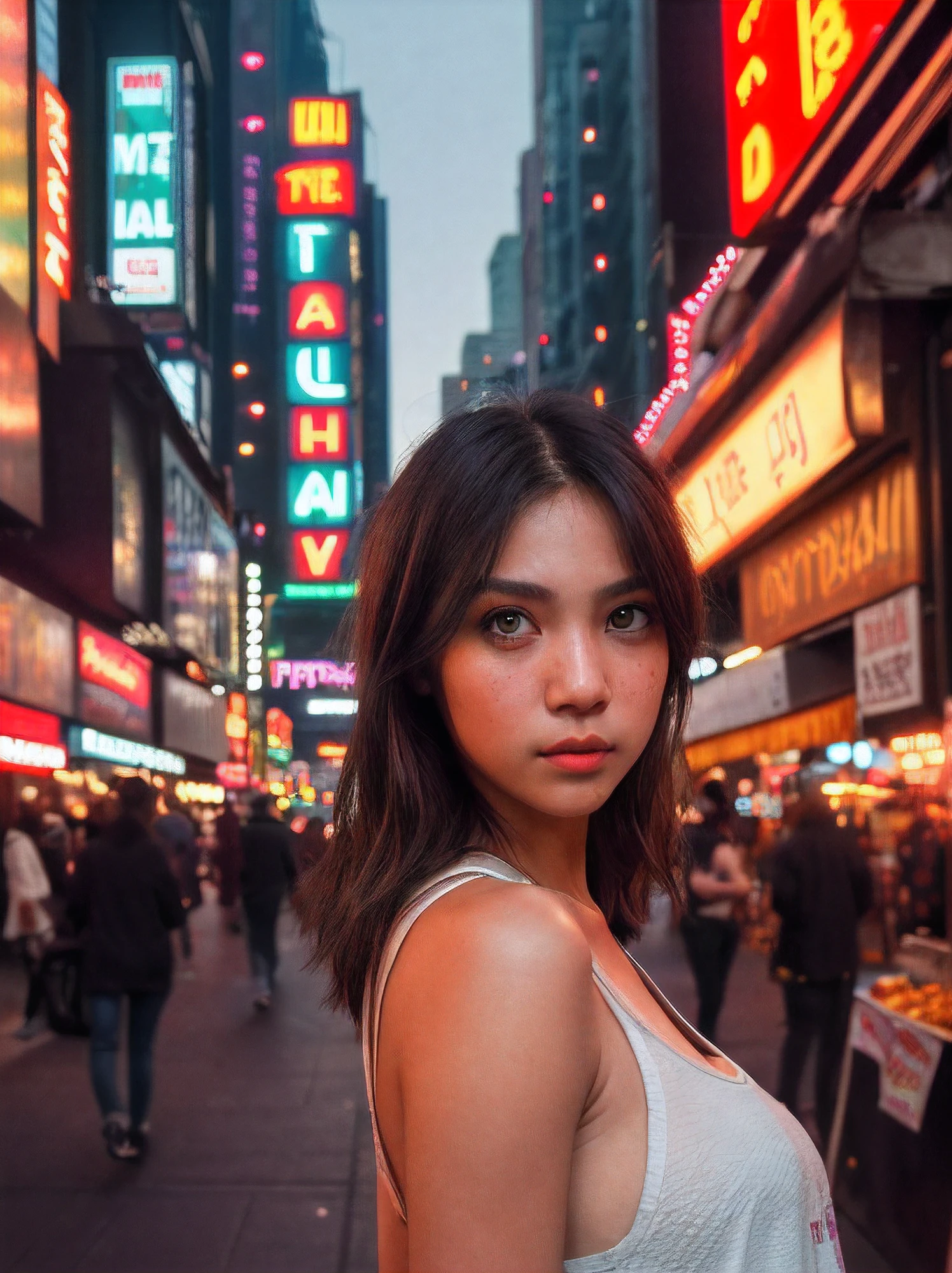 girl in a noisy metropolis, making your way through crowded streets and dark alleys, close up, detailed clothes, Green eyes, floting hair, determined expression, shiny glossy skin, sub-surface Scattering, (Sharp:0.7), [(colorful explosion psychedelic paint colors:1.21)::0.05], amazing fine detail, Nikon D850 film photography stock camera Kodak Portra 400 f1.6 lens, saturated colors, lifelike texture, dramatic  lighting, urban environment, Skyscrapers, neon signage, Street vendors, Dynamic composition, Unreal engine, Trending on ArtStation, cinestill 800 tungsten