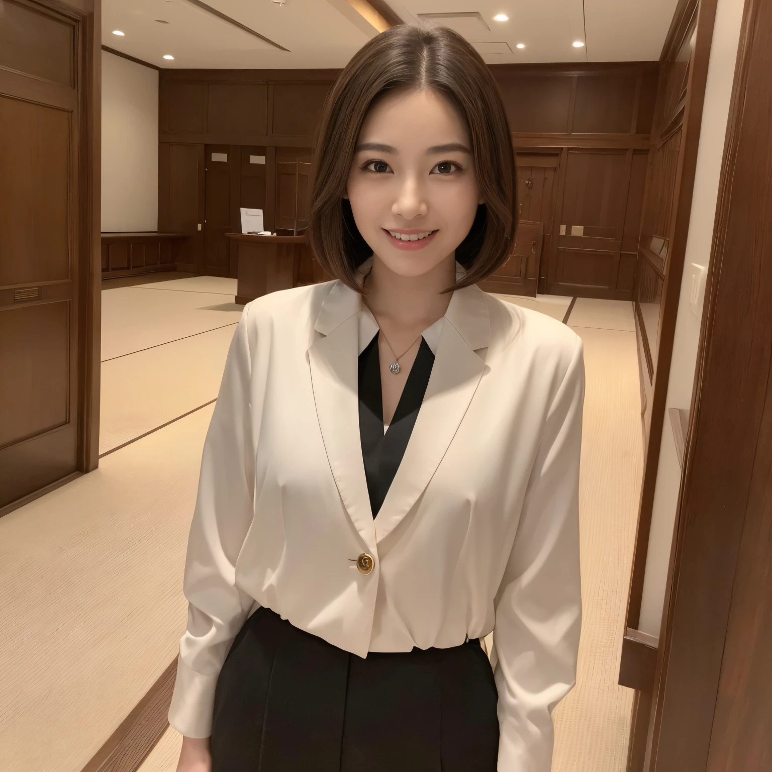 ((top-quality、masutepiece、8K、Top image quality))、1 female lawyer、she supports japan&#39;Supreme Court in the background、Graceful standing、(short-hair、straight haired)、formal jackets、Formal blouse、formal pants、(Perfect lawyer badge on the chest、Accurately depicts a real lawyer badge)、women in japan&#39;Supreme Court、Take a photo from the waist up、Upper body photo、The majestic Supreme Court of Japan、Perfect reproduction of Japanese interior&#39;Supreme Court、the real supreme court、perfect anatomia、Look at me with a smile、large white teeth、Bright lighting