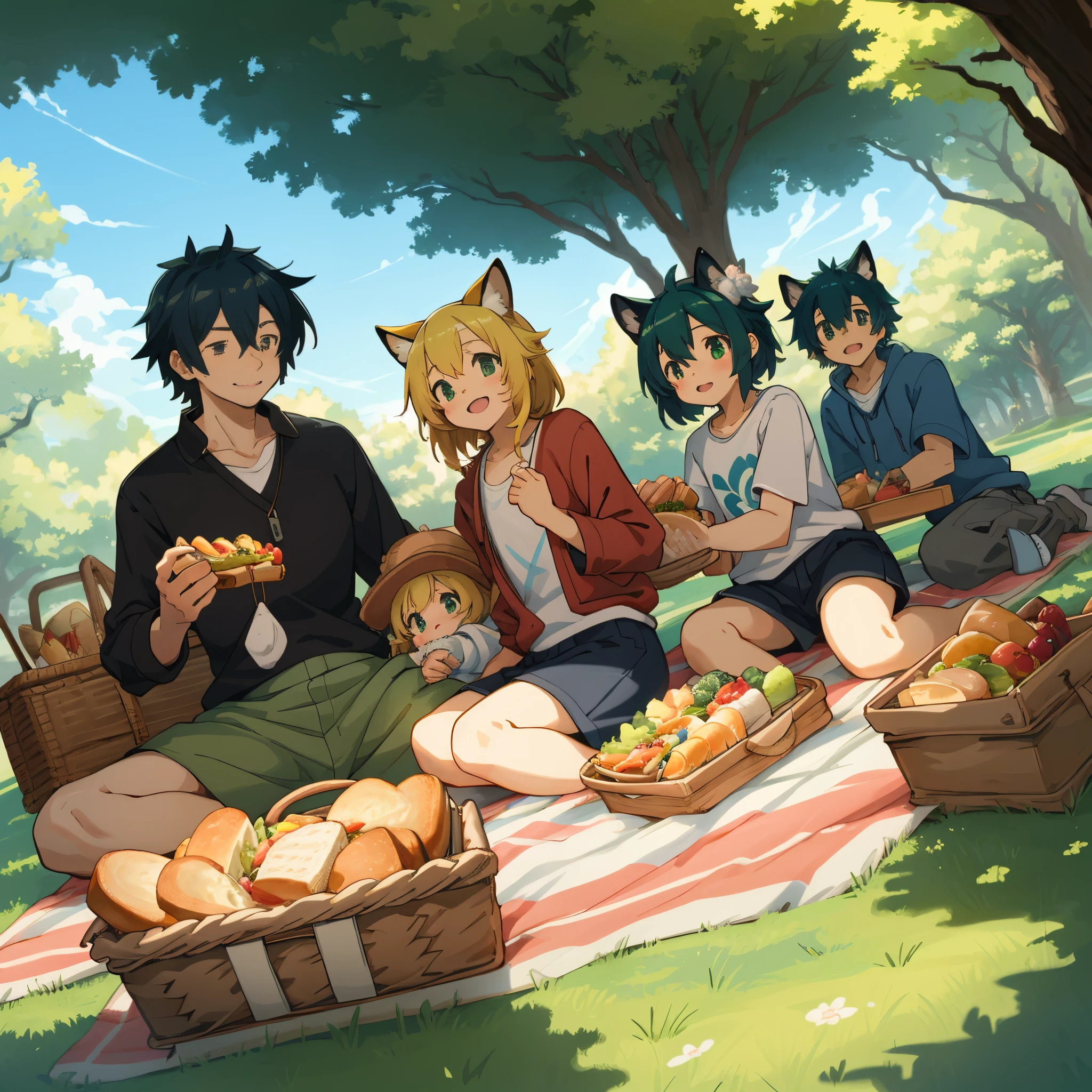 cover page, anime key visual, highres, top quality, best quality, paid reward available, High-quality illustrations, unparalleled masterpiece, perfect artwork, absurdres(heartwarming family picnic scene)(in a lush green park)(kemono family with two parents of diverse descents and a child)perfect anatomy, sitting on a colorful blanket, parents smiling and taking out food from a picnic basket, child reaching for a sandwich, cheerful and relaxed atmosphere, bright sunny day, trees in the background, fan-created work shared on platforms Pixiv or Twitter, cinematic lighting, dynamic angle,