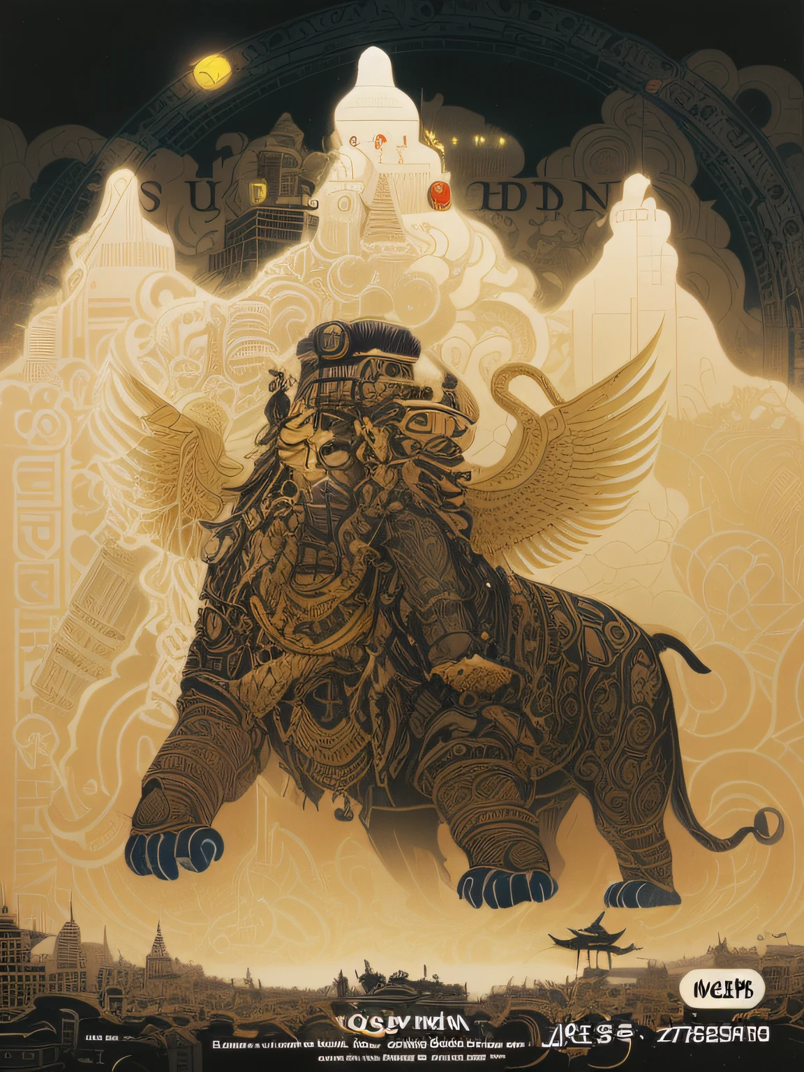 A close-up of a poster，There is a large animal on it, Victor Me and Surrealism, Super high quality art, victor my style, Victor May and Tristan Eaton, jc leyendecker and deng shaqin, Deng Sachin, Excellent, author：Victor Wei, Defeat Ngai! muted sepia colors, Defeat Ngai cyberpunk style