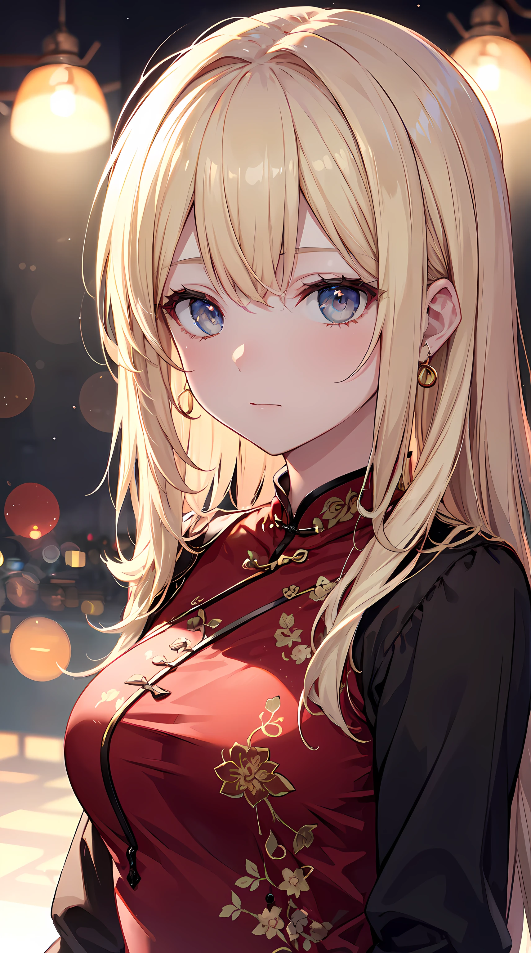 Best quality, tmasterpiece, A high resolution, 1 busty girl,on cheongsam,hair adornments,choker necklace, jewely,Nice face,more than_body, dingdall effect,realistically, dark studio, edge lit, two color lights,(highdetailskin:1.2), 8k ultra high definition, SLR camera, gentlesoftlighting, high high quality, Volumetriclighting, Frankness, photore, A high resolution, 4K, 8K, bokeh, Blonde hair,