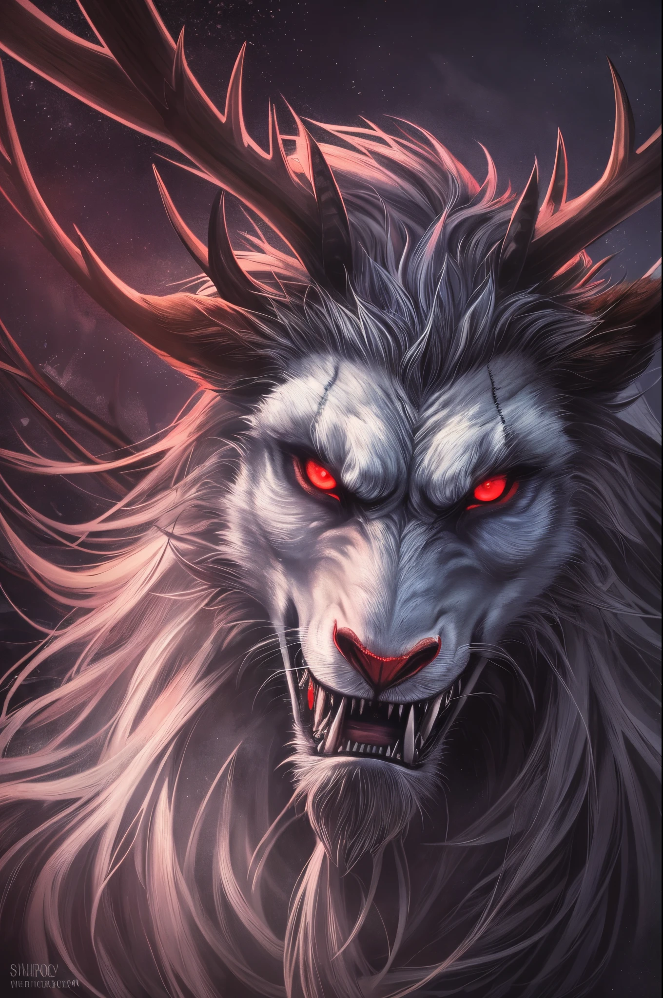 (best quality,4k,8k,highres,masterpiece:1.2),ultra-detailed,(realistic,photorealistic,photo-realistic:1.37),Krampus,christmas reindeer,terrible look,christmas background,horror monster,portraits,horrifying detailed eyes,creepy detailed horns,scary detailed face,vicious,menacing,horrifyingly beautiful,shadowy presence,dark atmosphere,ominous lighting,foggy surroundings,winter night,enchanted forest,gloomy colors,dramatic shadows,misty breath,wicked smile,malevolent stare,blood-red eyes,sharp teeth,intense expression,ferocious horns,twisted branches,moonlit sky,threatening aura,ominous creature,hair-raising features,devilish appearance,tangled mane,menacing antlers,foreboding presence --auto --s2