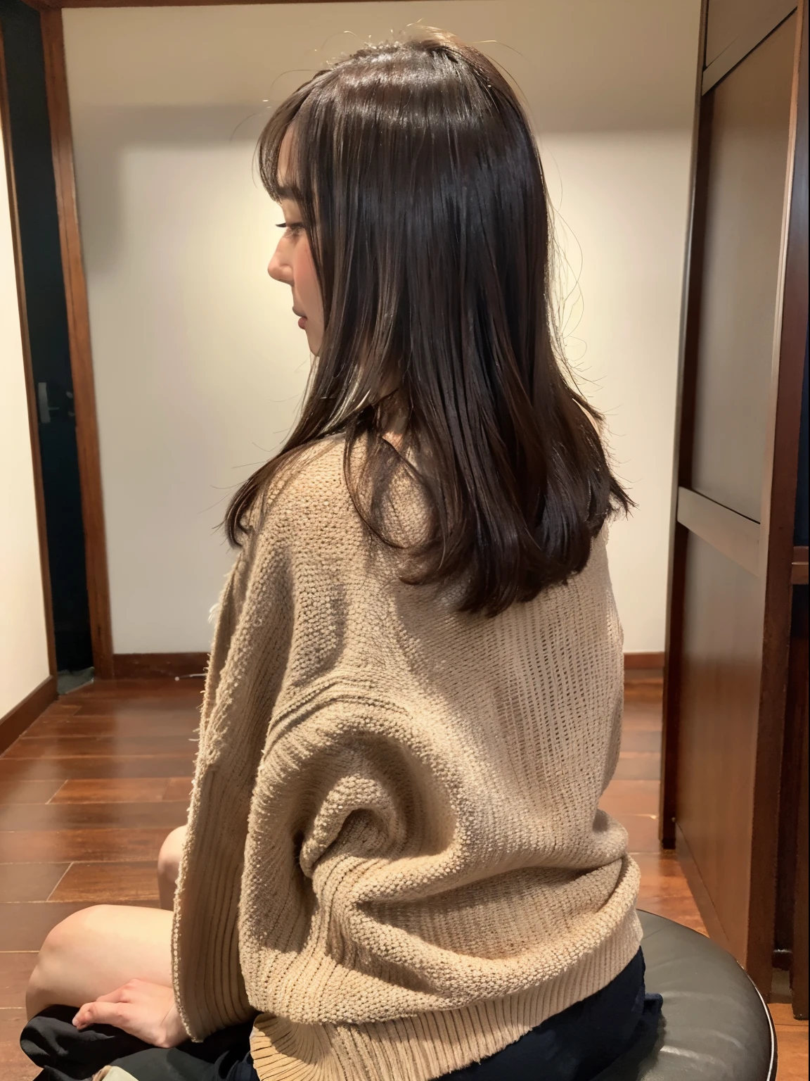 (Raw photo:1.2), (Photorealistic:1.4), ((top-quality、8K、masterpiece:1.3))、Photograph of the back of a woman、Don't look at the camera、(Casual Hairstyles、small tits:1.2)、Delicat eyes、Autumn clothes、Clothes that hide the chest、(top-quality,masterpiece:1.3、超A high resolution)、(ultra-detailliert,Caustics)、(Photorealsitic:1.4,RAW shooting)、Ultra-realistic capture、A highly detailed,high-definition16Kfor human skin、 Skin texture is natural、The skin looks healthy with an even tone、 Shot in natural light、Random Poses、Other shots、Medium hair、bob、Long、((hair down))、A shot of a woman sitting in a beauty salon from behind、