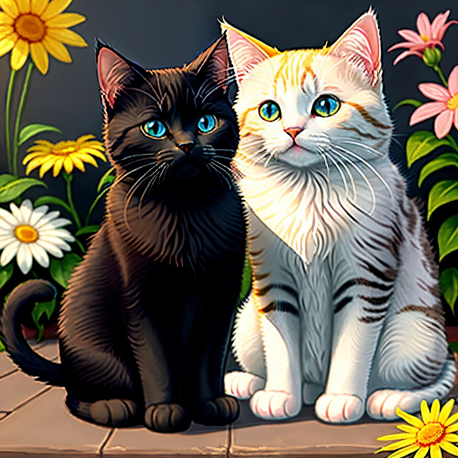 Cartoon cute cat、cute behavior、Background with(In flowers)、The cat's expression is adorable