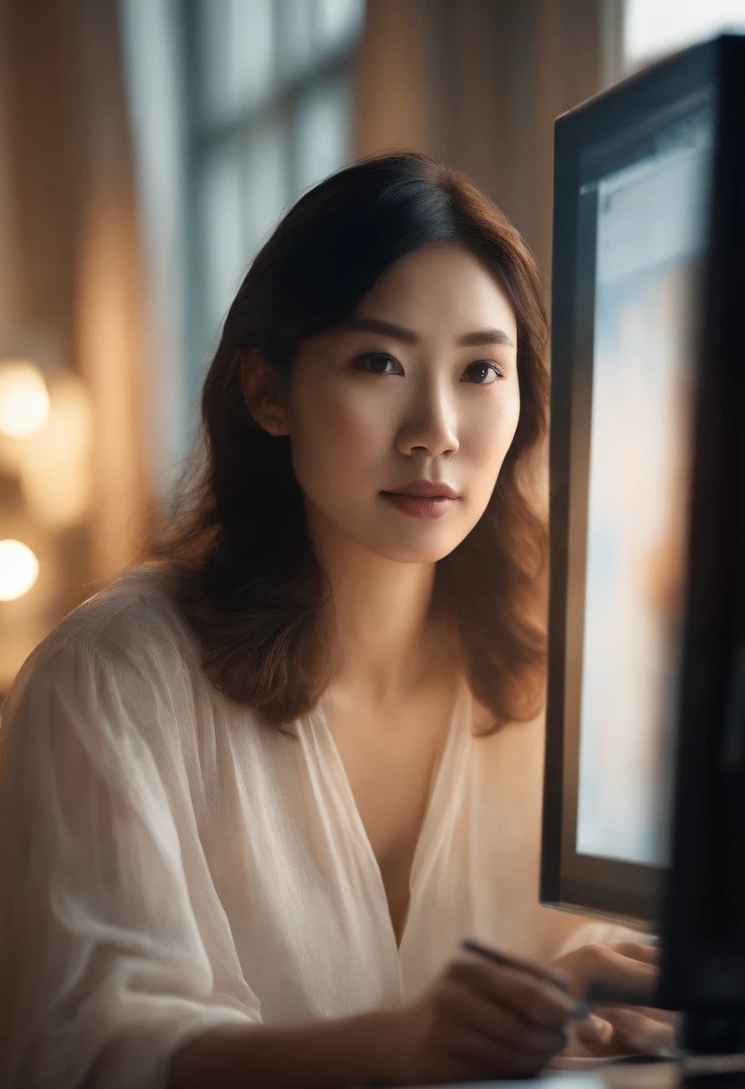 (a girl,Asian face,holding a pen in hand,using Photoshop to paint this watercolor on a 27-inch computer screen,gazing at the monitor,computer graphics,artistic pose),(best quality,4k,8k,highres,masterpiece:1.2),ultra-detailed,(realistic,photorealistic,photo-realistic:1.37),watercolor,illustration,sketch,creative process,soft palette,smooth brushstrokes,vibrant colors,soft lighting