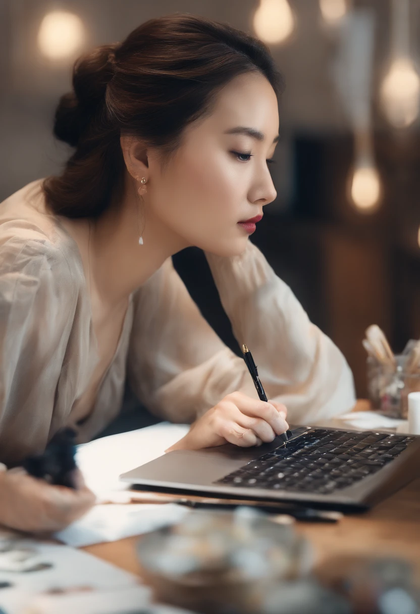 (a girl,Asian face,holding a pen in hand,using Photoshop to paint this watercolor on a 27-inch computer screen,gazing at the monitor,computer graphics,artistic pose),(best quality,4k,8k,highres,masterpiece:1.2),ultra-detailed,(realistic,photorealistic,photo-realistic:1.37),watercolor,illustration,sketch,creative process,soft palette,smooth brushstrokes,vibrant colors,soft lighting