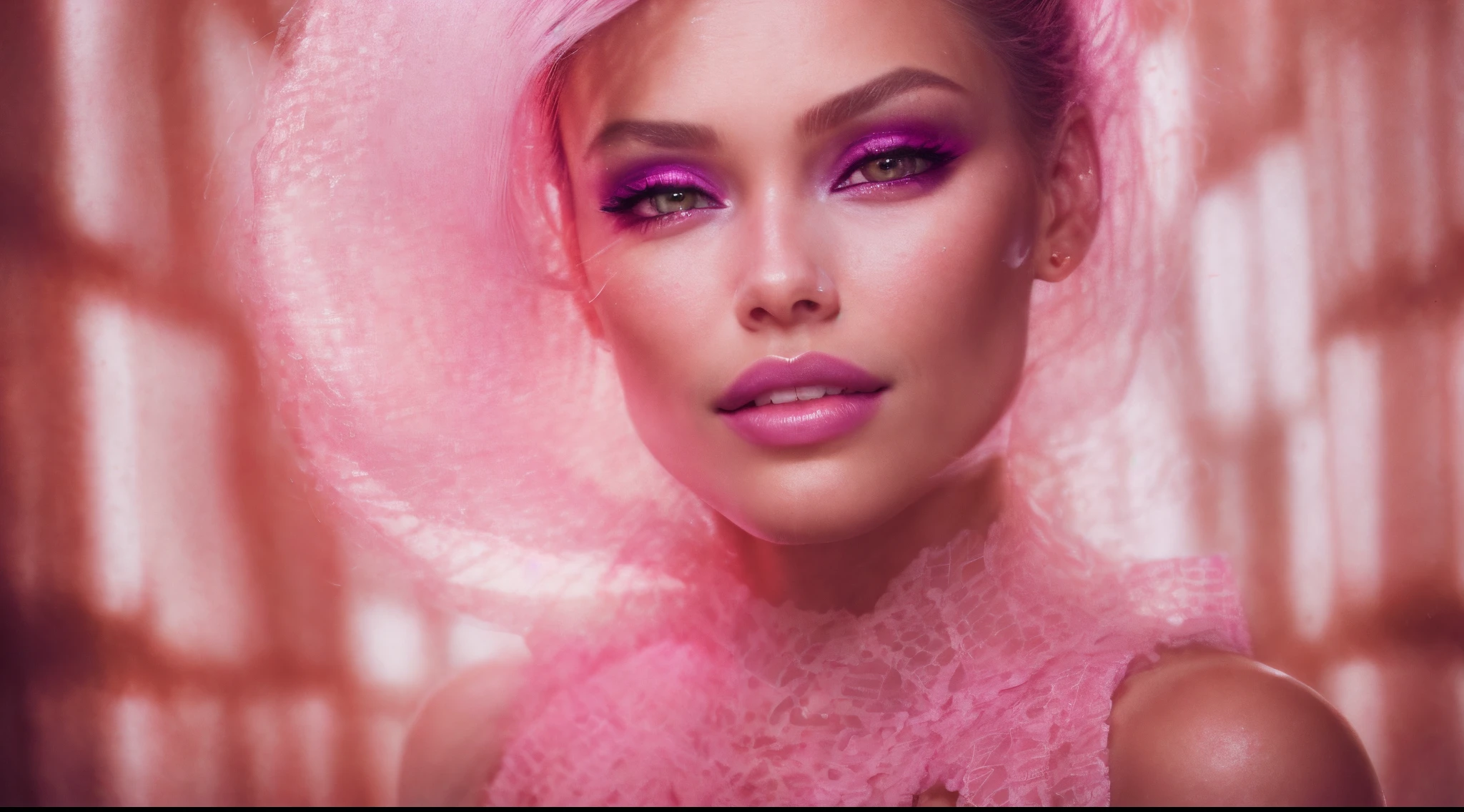 Fashion editorial Concept. Closeup portrait of stunning pretty woman with chiseled features, pink makeup. illuminated with dynamic composition and dramatic lighting, highly realistic, beautiful, full lips, smiling, feeling of lightness, hyperrealism, skin very elaborated, direct gaze