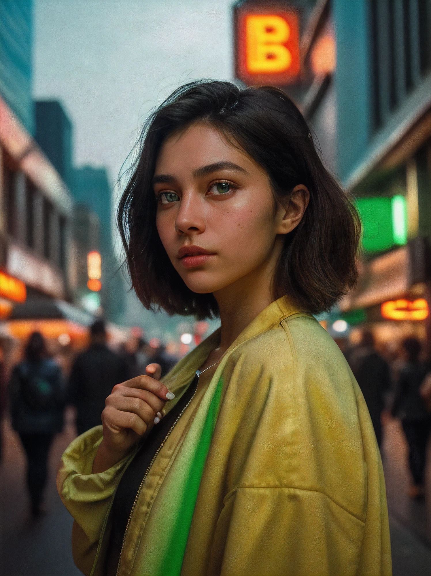 girl in a noisy metropolis, making your way through crowded streets and dark alleys, close up, detailed clothes, Green eyes, floting hair, determined expression, shiny glossy skin, sub-surface Scattering, (Sharp:0.7), [(colorful explosion psychedelic paint colors:1.21)::0.05], amazing fine detail, Nikon D850 film photography stock camera Kodak Portra 400 f1.6 lens, saturated colors, lifelike texture, dramatic  lighting, urban environment, Skyscrapers, neon signage, Street vendors, Dynamic composition, Unreal engine, Trending on ArtStation, cinestill 800 tungsten