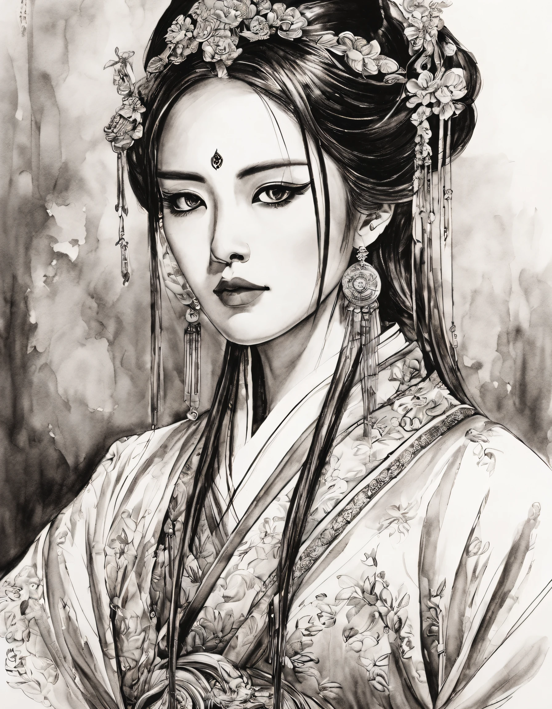 (Portrait of the beautiful heroine of Chinese Kunqu Opera）, Its beautiful black and white line art ,tmasterpiece,Fountain Pen Art,Black and white painting,chinese paintings,character drawing, pencil and ink manga, black and white coloring,Gel Pen,
Abstract, contours, zoom layer, hyper HD, tmasterpiece, high detal, high high quality, super detailing, Award-Awarded, A high resolution, 16k