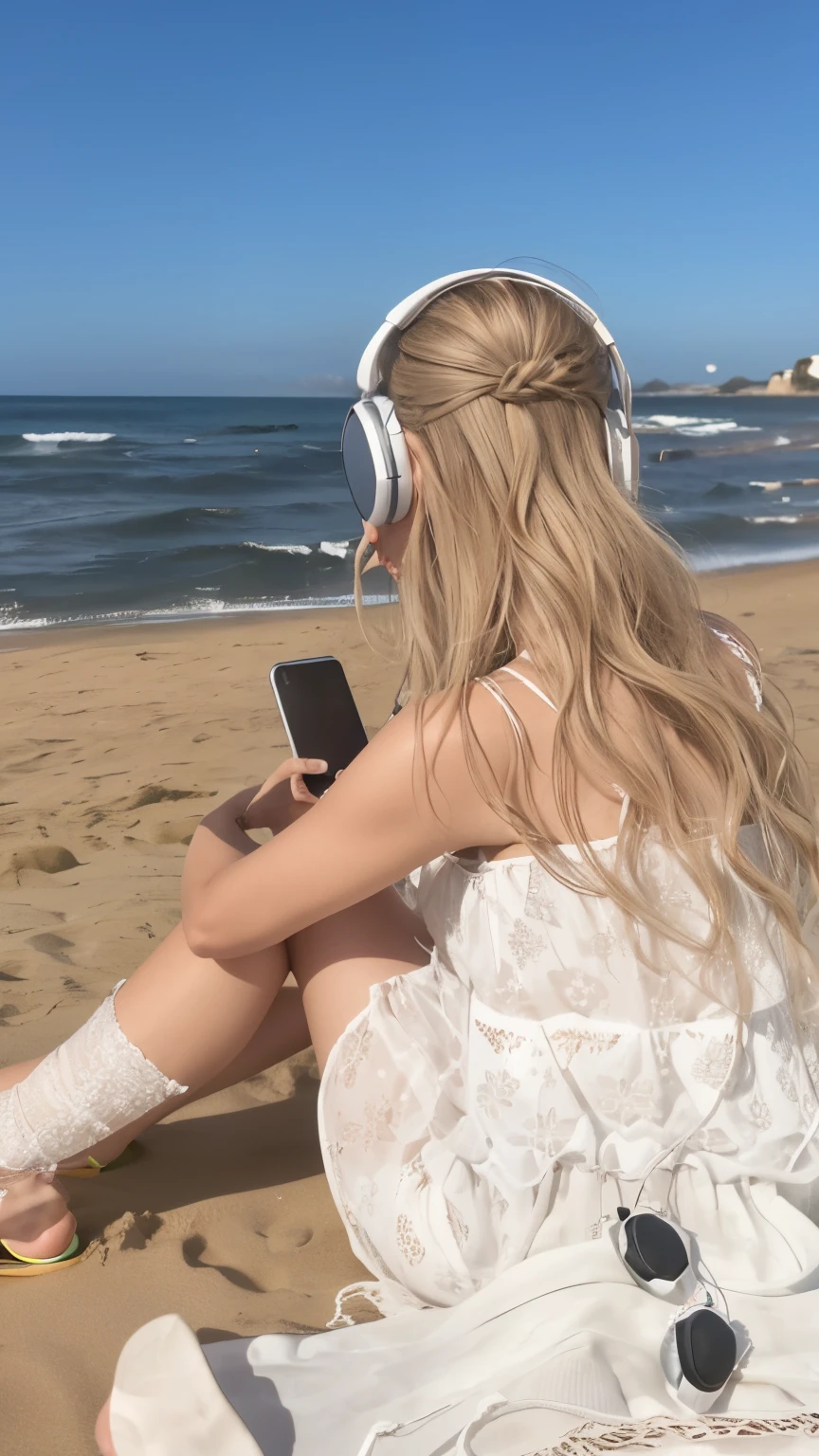 garota loira sentada na praia com fones de ouvido e olhando para o celular, Deusa verificando seu telefone, menina usando fones de ouvido, na praia, sentado na praia, Listening to music, com fones de ouvido, com fones de ouvido, vibing to music, Valentina Embaralhamento, na praia, imagem de alta qualidade, sentado na praia, Relaxando na praia, beach aesthetic