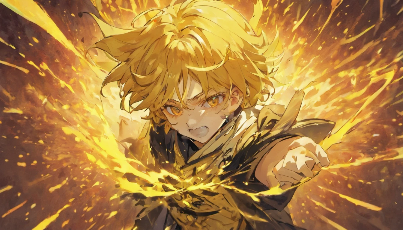 Zenitsu demon slayer, yellow energy, upper body shot, Gothic style, male.
